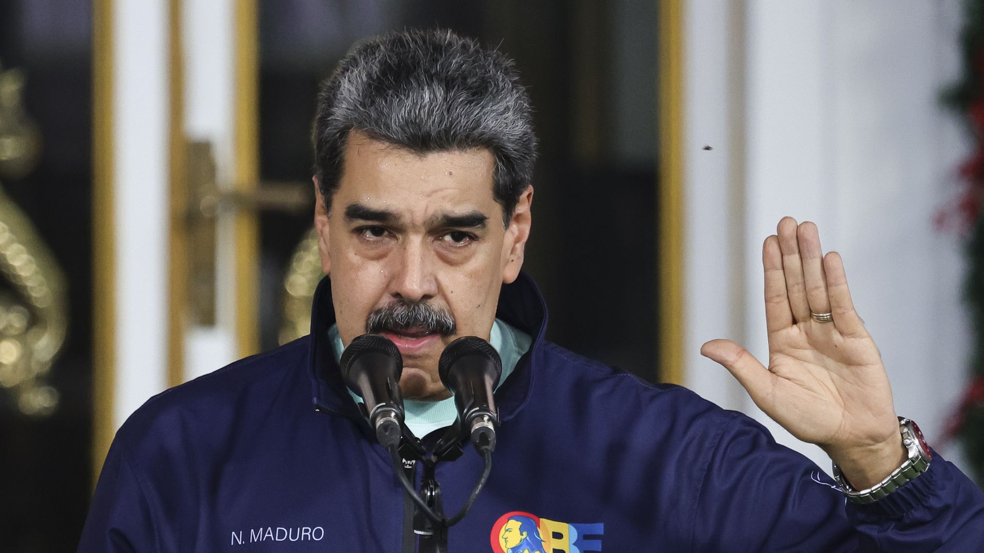Nicolás Maduro speaking to a crowd of students at Miraflores Palace in Caracas during a march for Venezuelan Student Day.