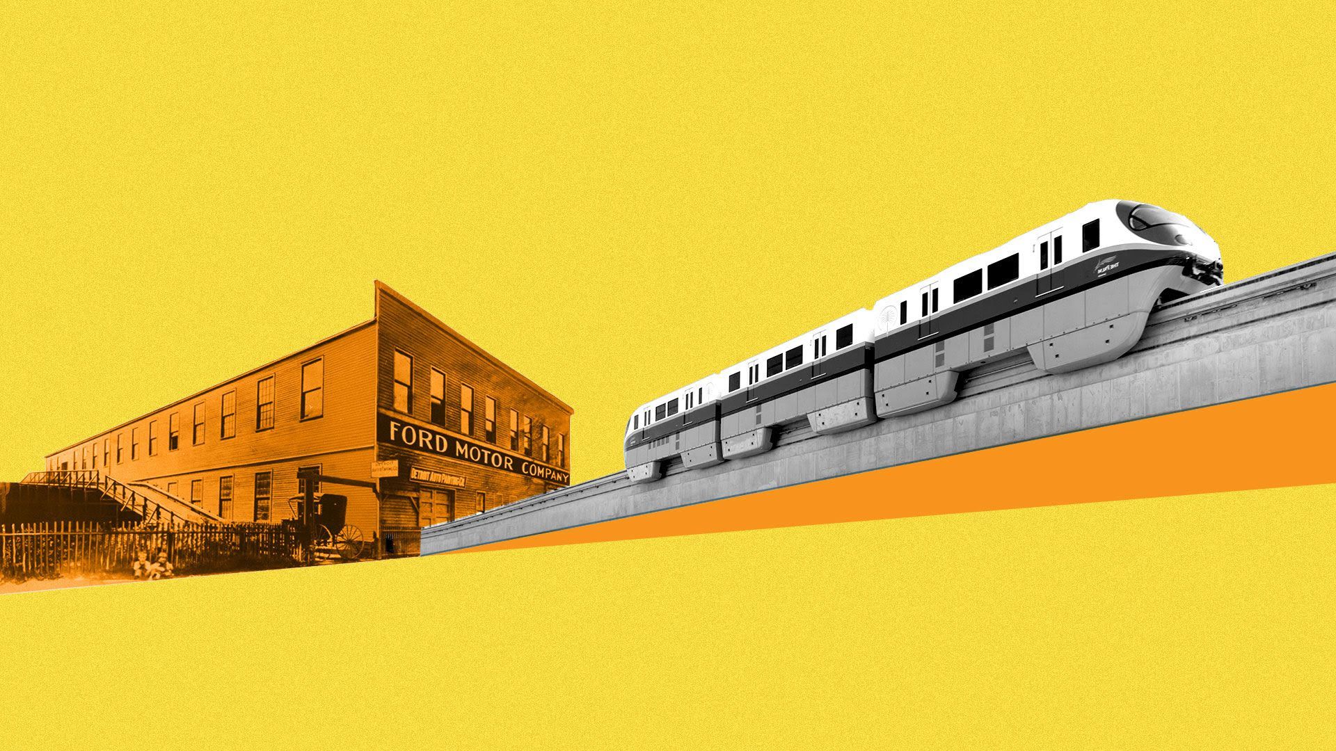 An illustration of a high-speed rail leaving a ford factory. 
