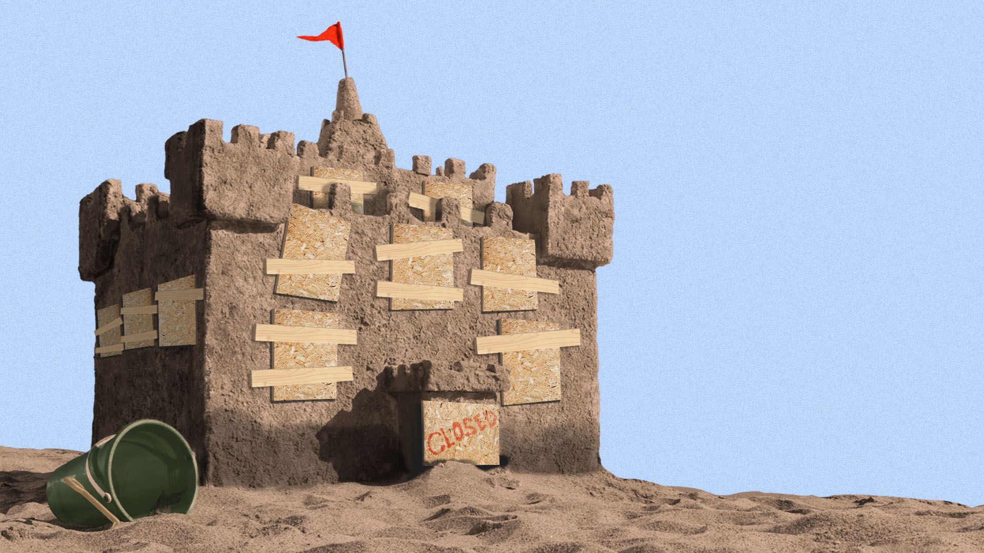 Illustration of a boarded up sandcastle