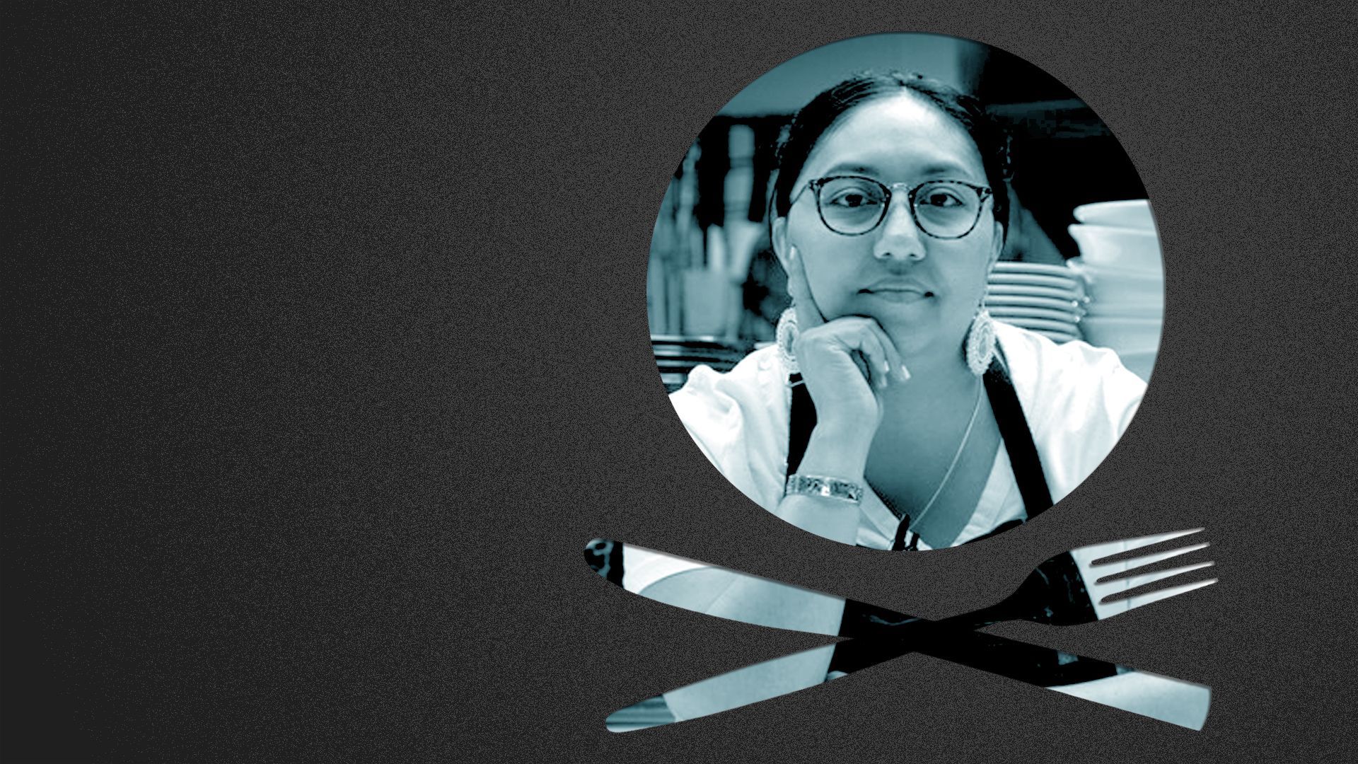 Photo illustration of a place setting shaped like a skull and crossbones containing a photo of Alexa Numkena-Anderson.