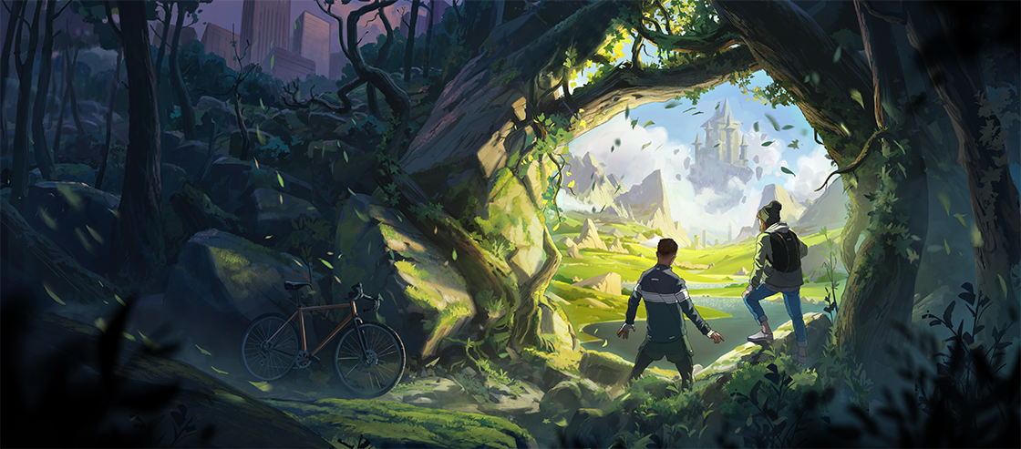 Concept art of two people standing in a forest, looking out at a bright sky with big clouds