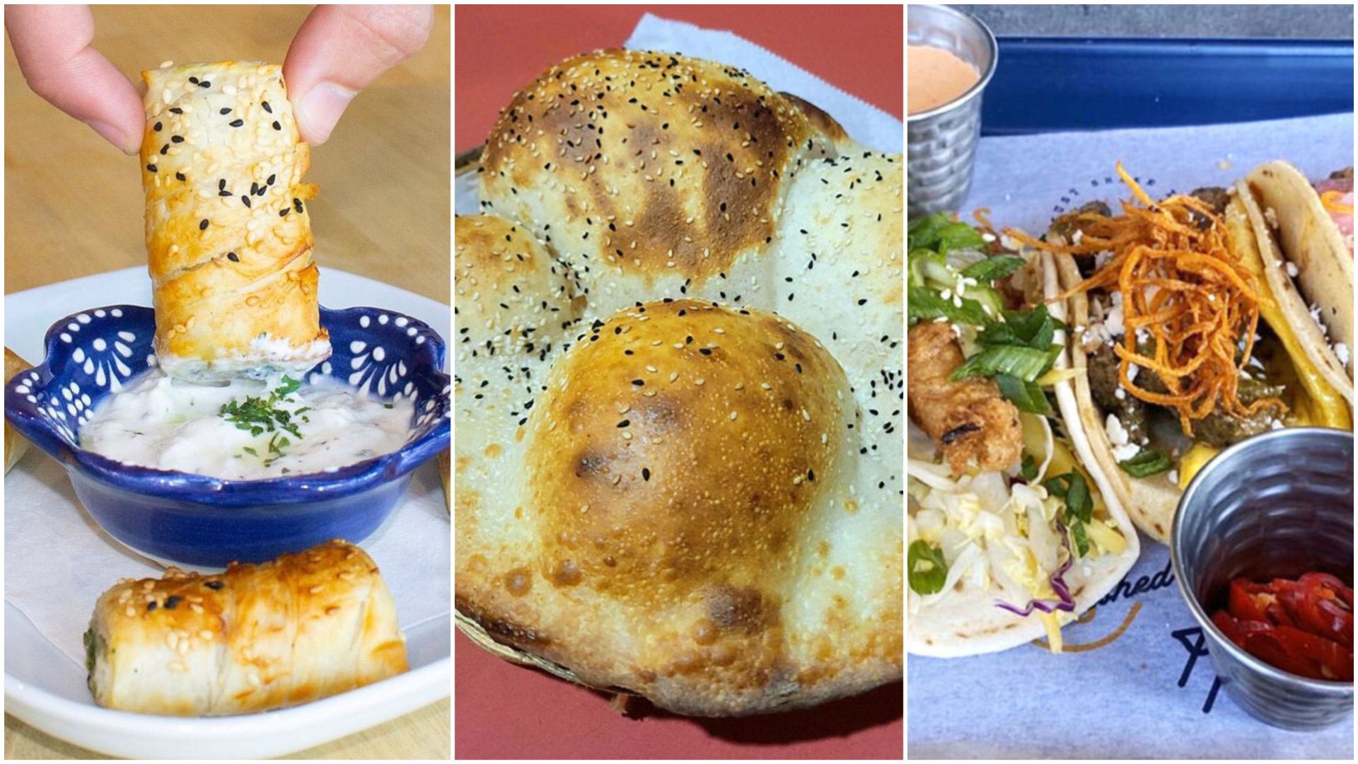 A collage of three photos. On the left, a hand dips a sesame seed-topped pastry into a white sauce. In the middle, brown air bubbles rise from a flatbread. On the right, two tacos are packed with toppings and bordered by two dipping sauces.