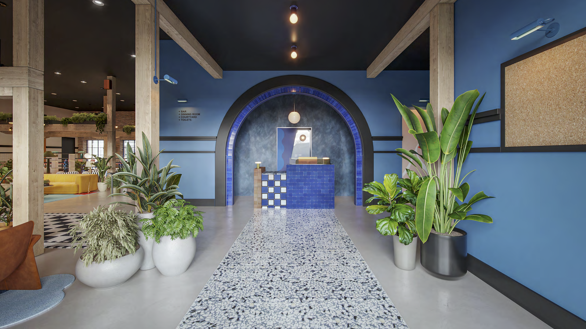 A modern hallway is flanked by wooden columns and at the end is a blue tiled desk under an archway.