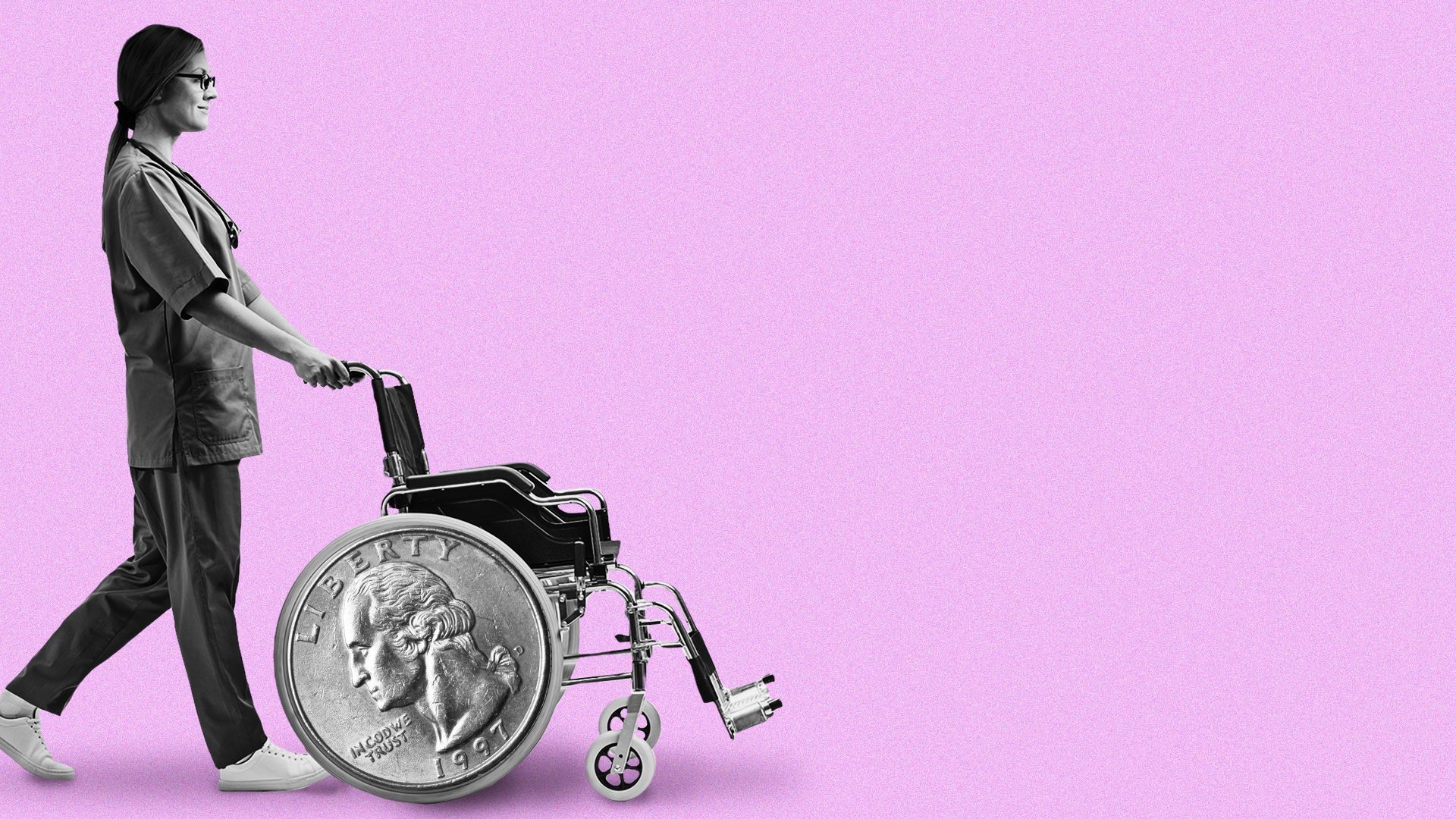 Illustration of a home health aide pushing an empty wheelchair with quarters for wheels.