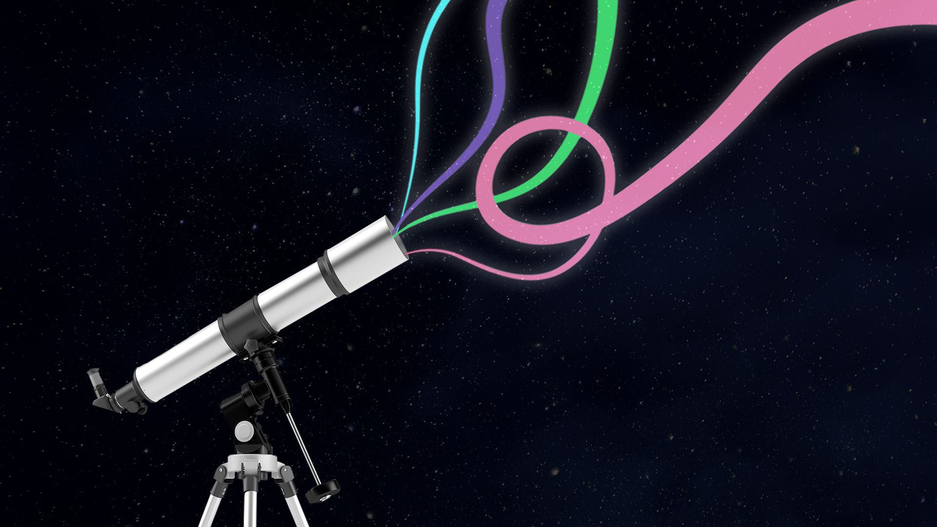 Illustration of a telescope in space with colorful lines.