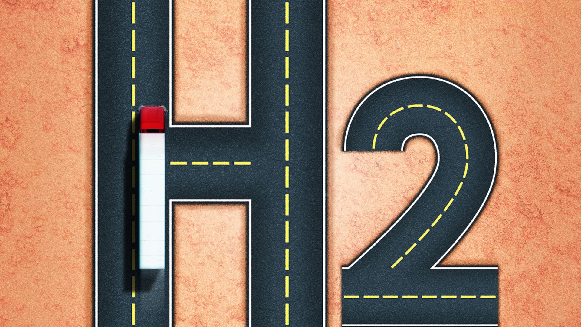 Illustration of a truck driving on a road in the shape of the hydrogen symbol "H2"