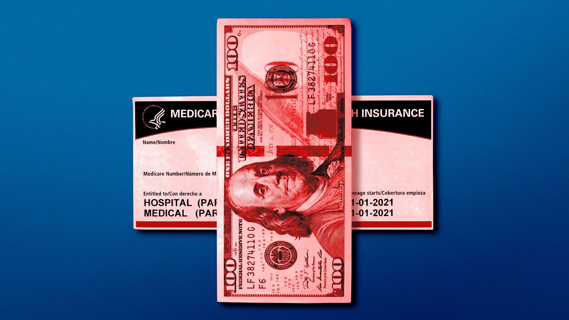 Illustration of a medical red cross formed by a one hundred dollar bill and a Medicare Advantage insurance card.