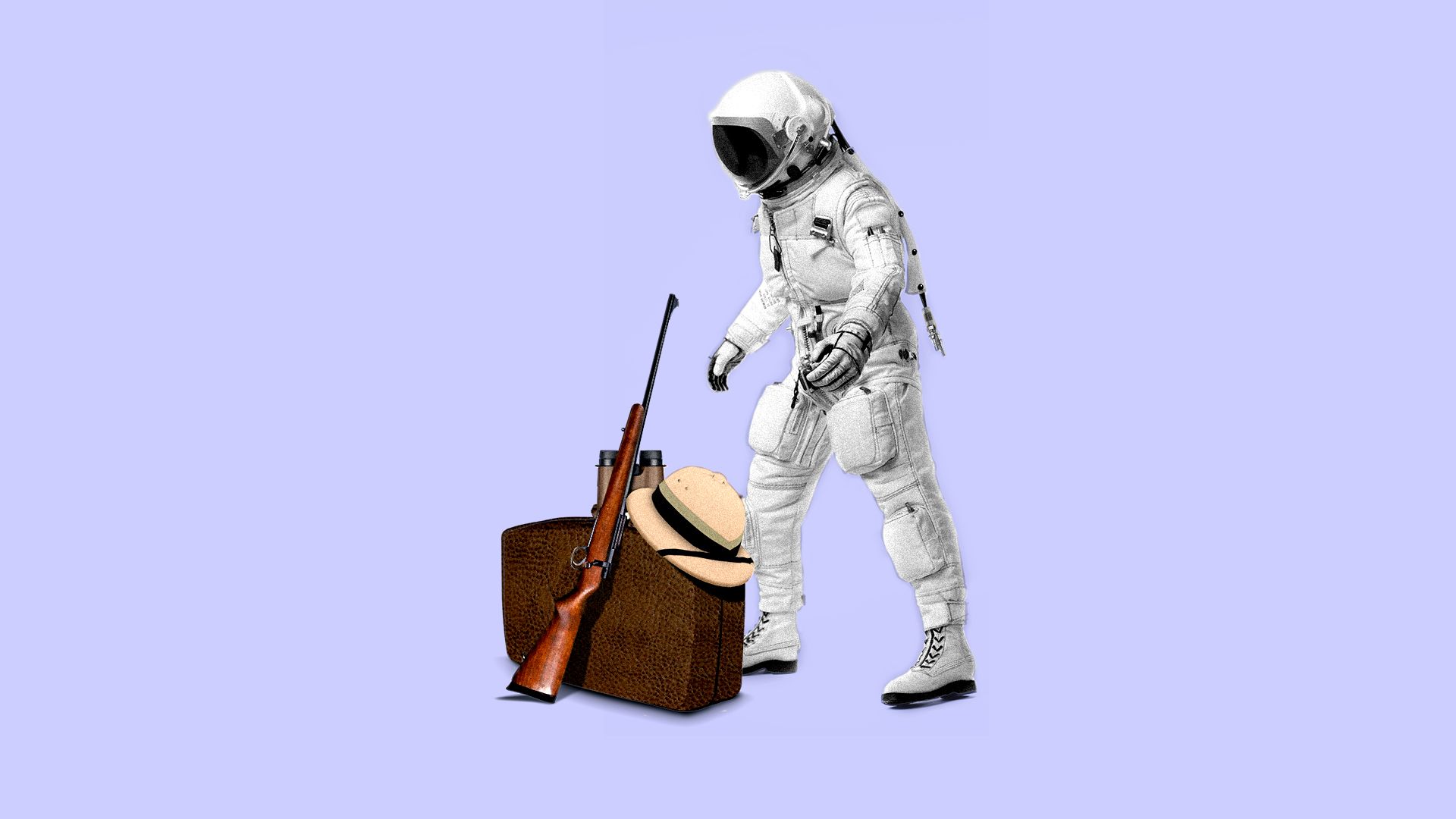 Illustration of an astronaut looking over a pith hat, binoculars and a rifle. 