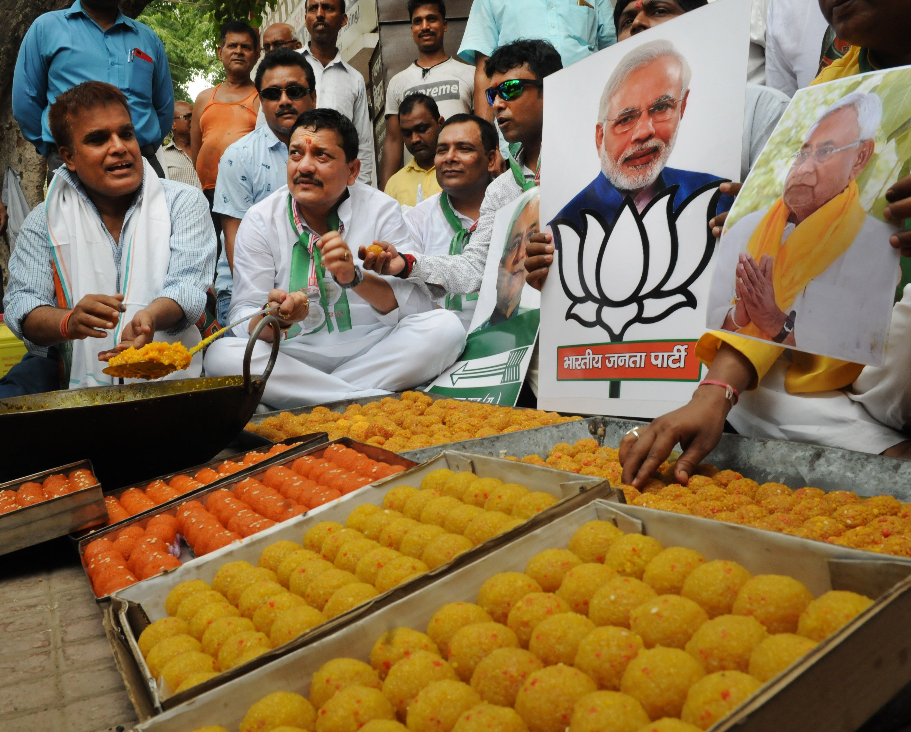 Sweet shops are busy preparing laddus on orders from candidates across political parties, each banking on a win, at Pataliputra on May 22, 2019 in Patna, India. 