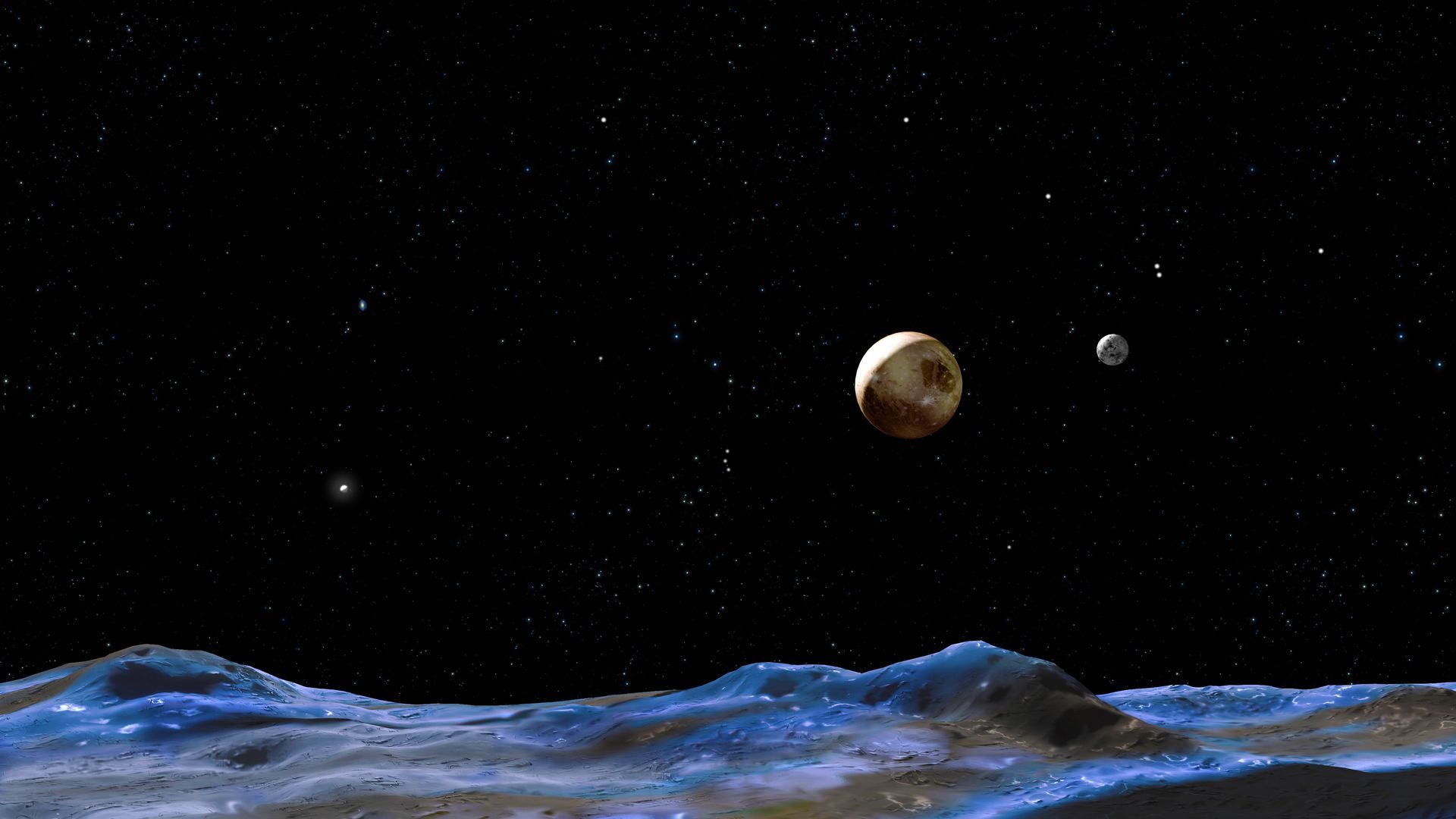 Concept art shows the Pluto system from the surface of one of its smaller moons.