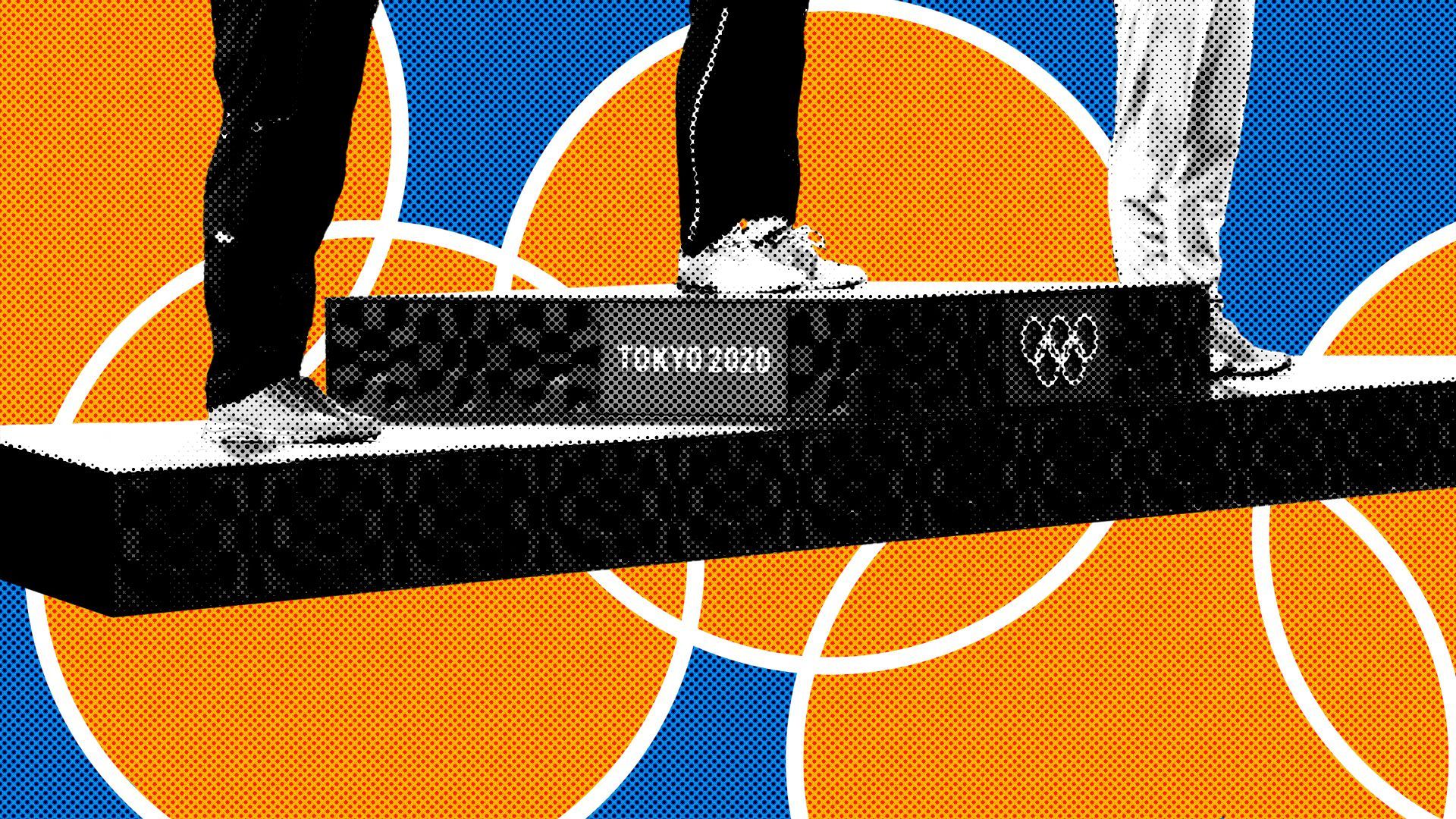 Photo illustration of the Olympic medal podium over the Olympic rings.