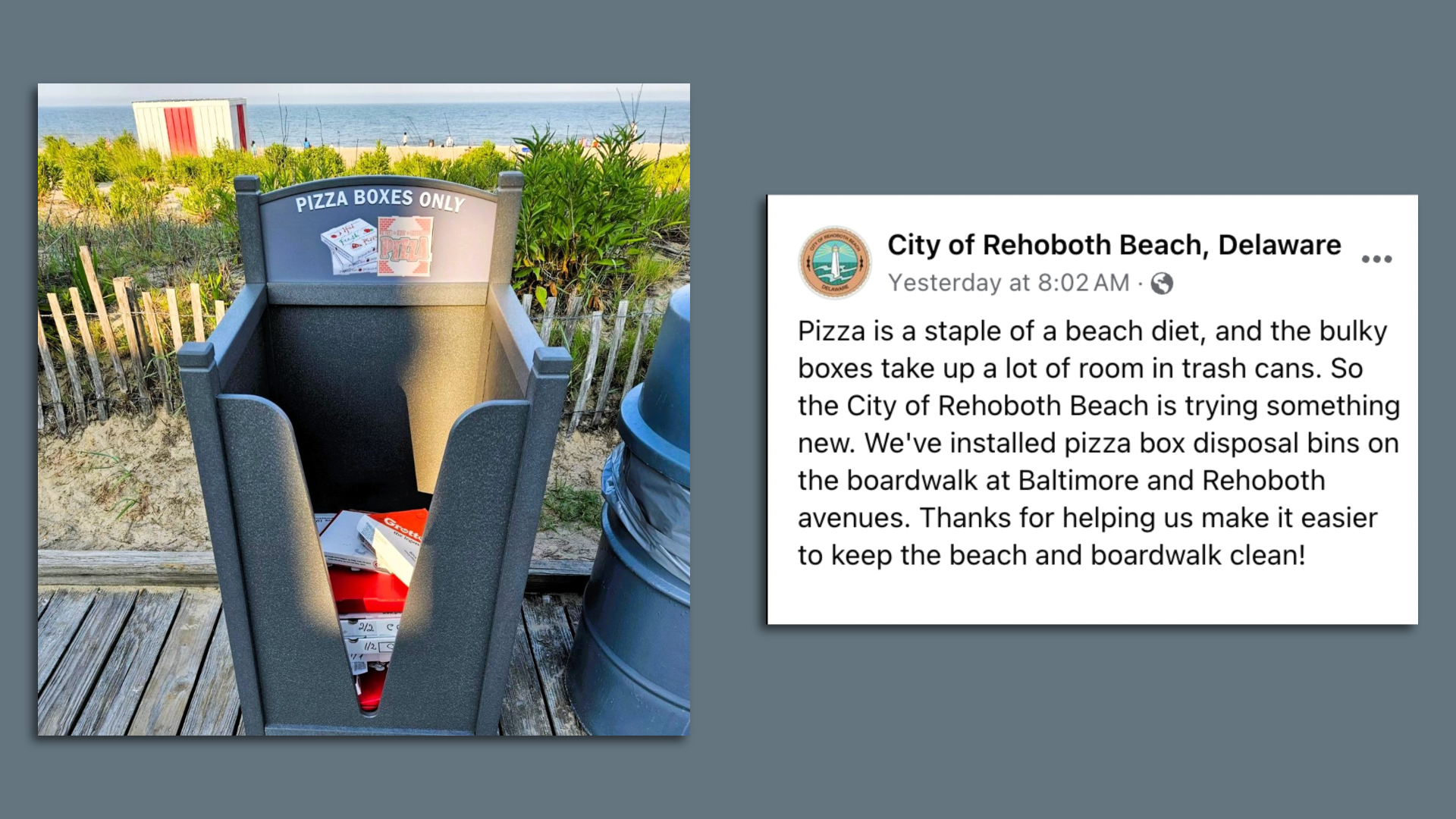 A photo of a pizza box trash can on the boardwalk at Rehoboth Beach and message from the city about their installation