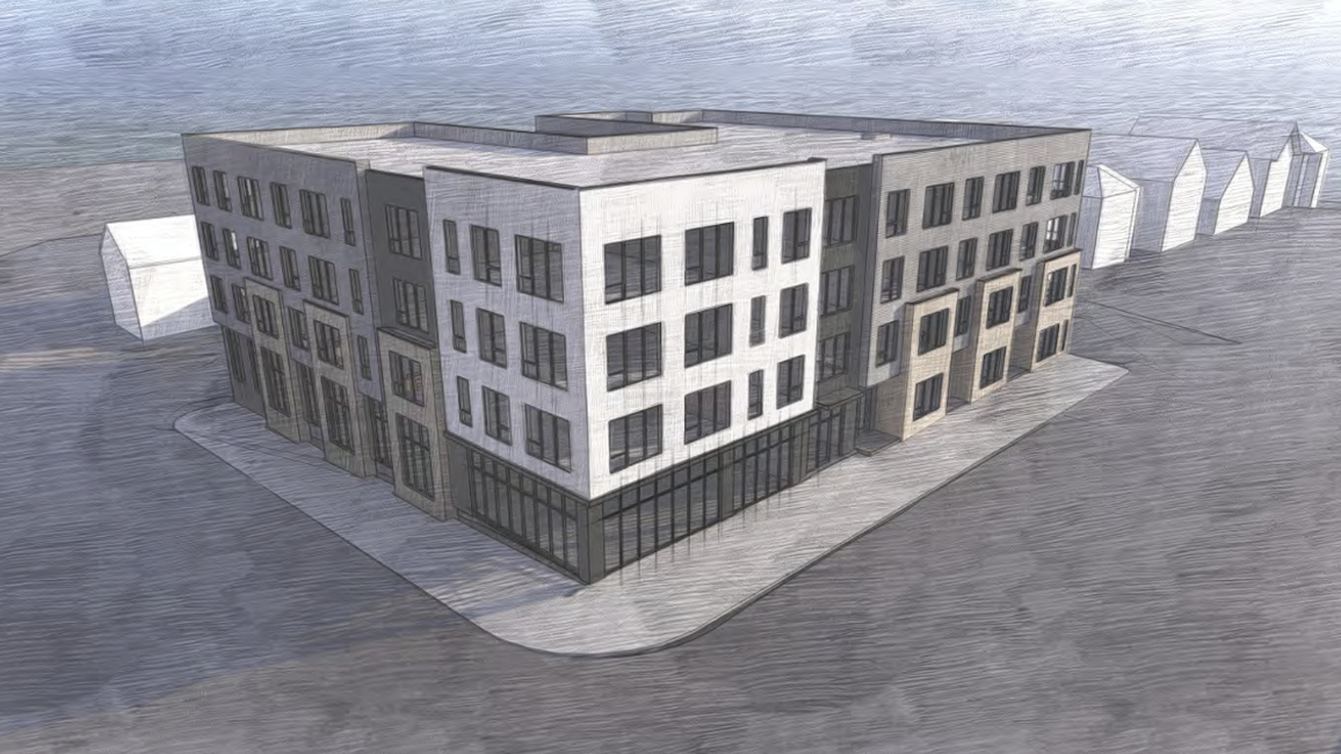 A rendering of The Pearl Apartments building 