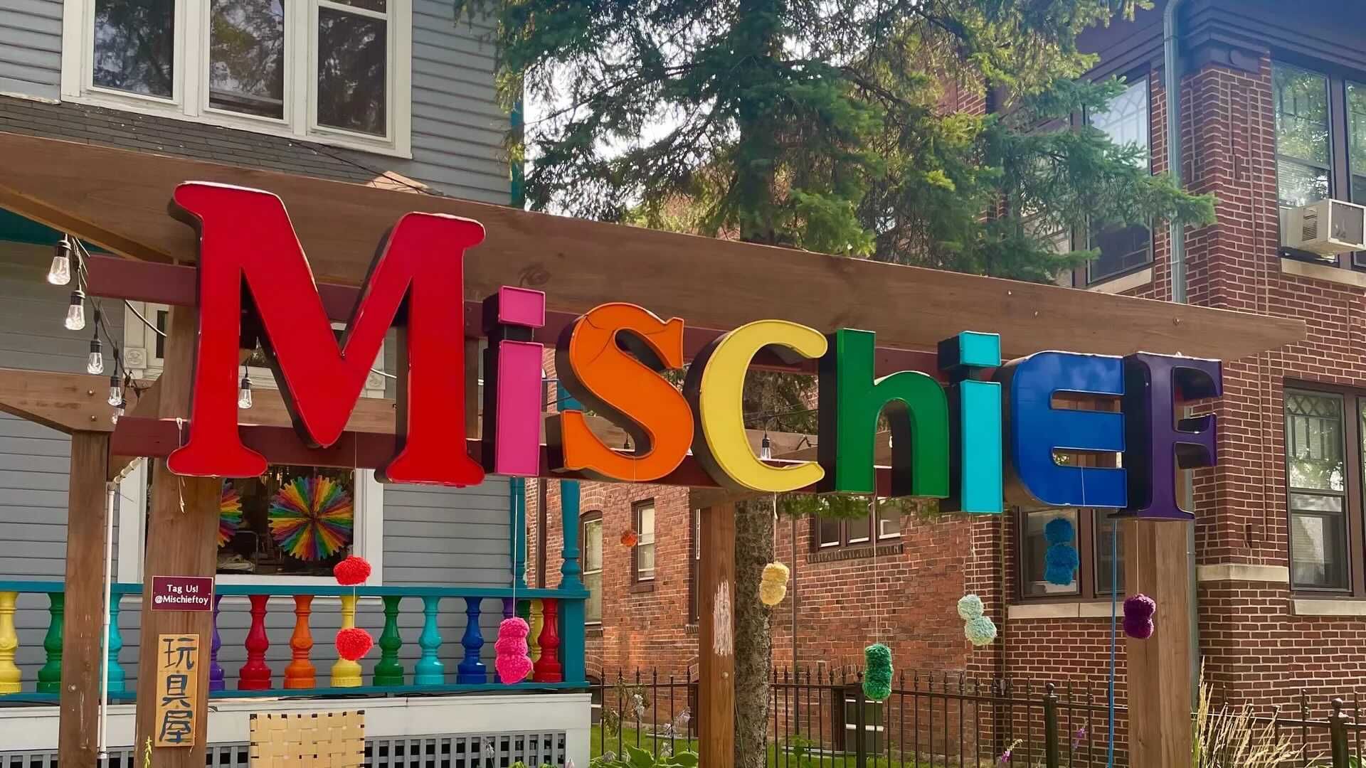The word mischief in rainbow letters