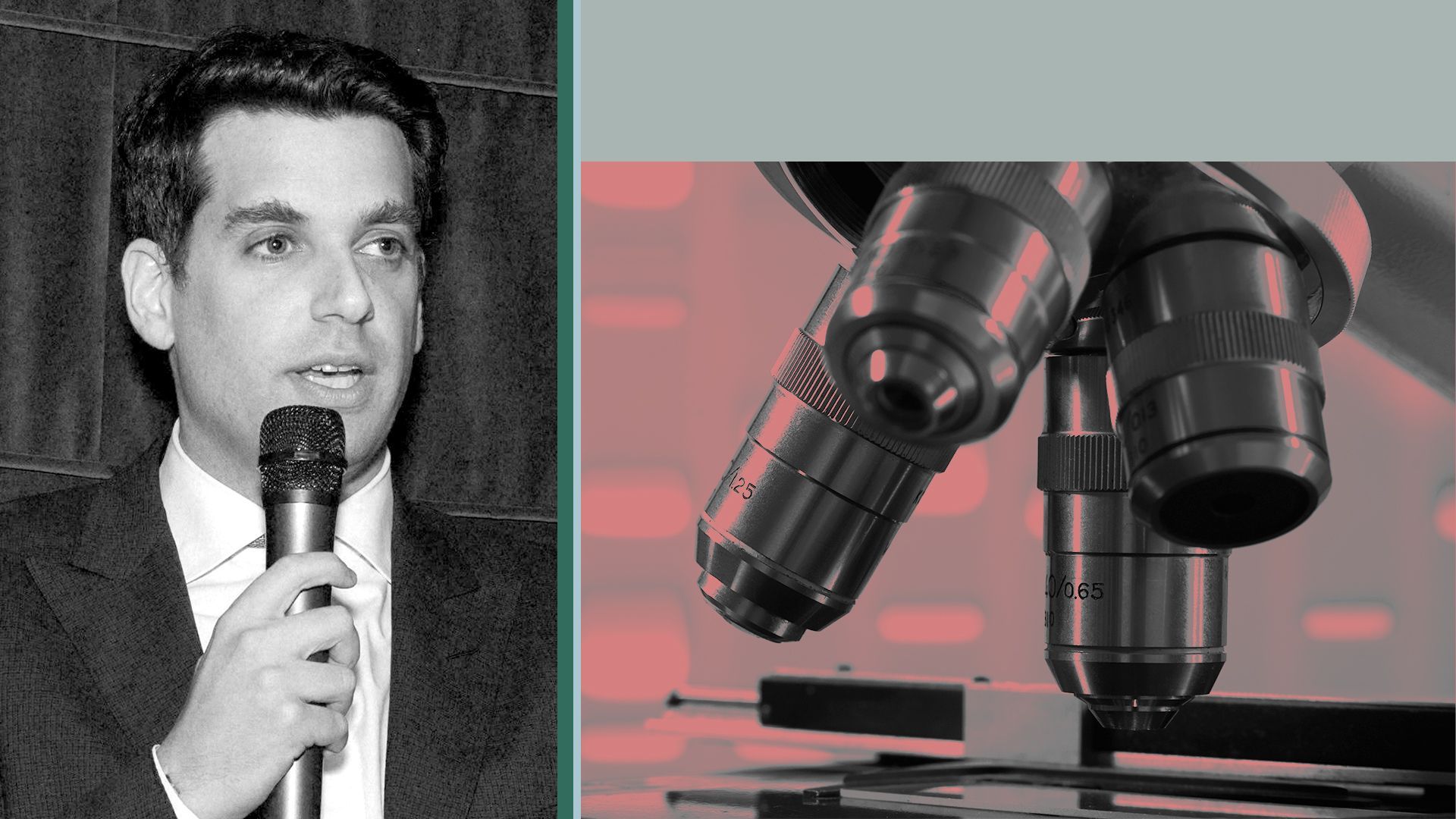 Photo illustration of George Petrocheilos next to a closeup photo of a microscope.