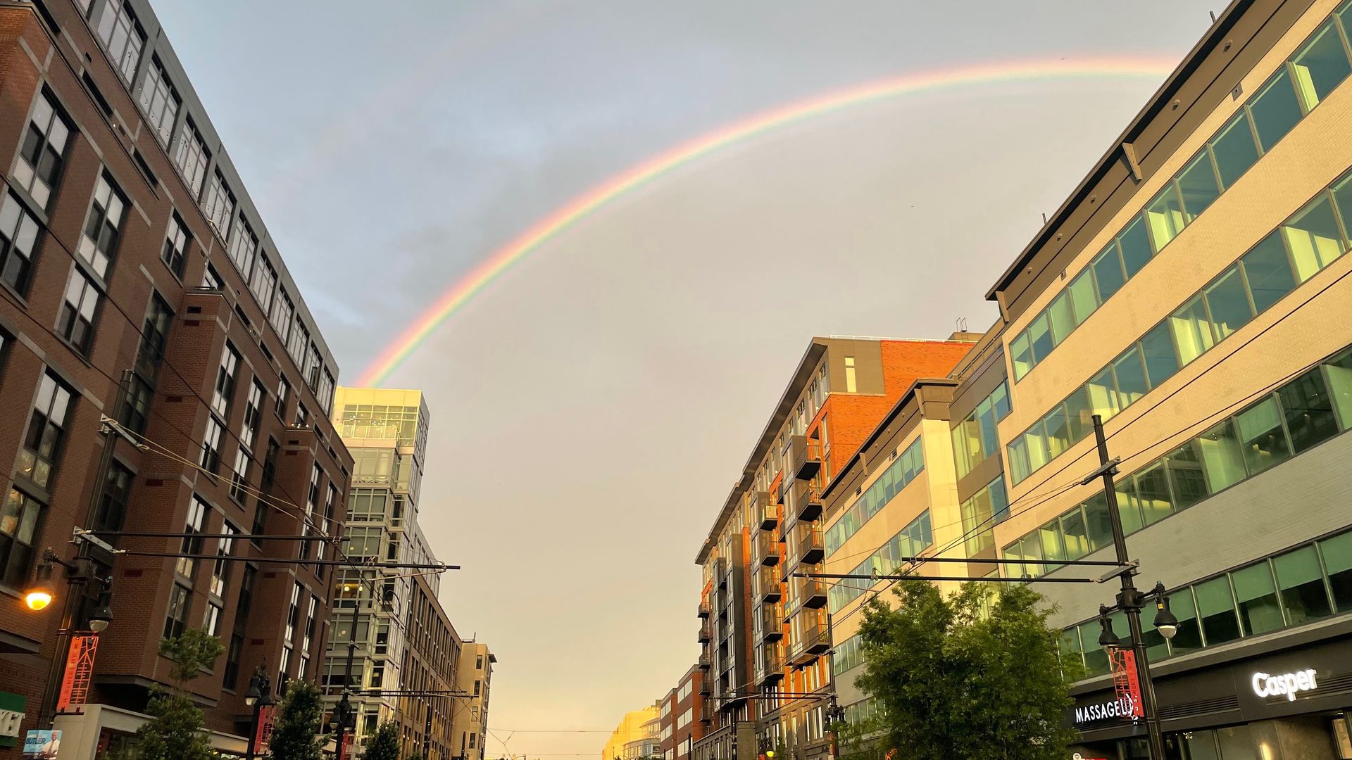 A rainbow in the sky. 