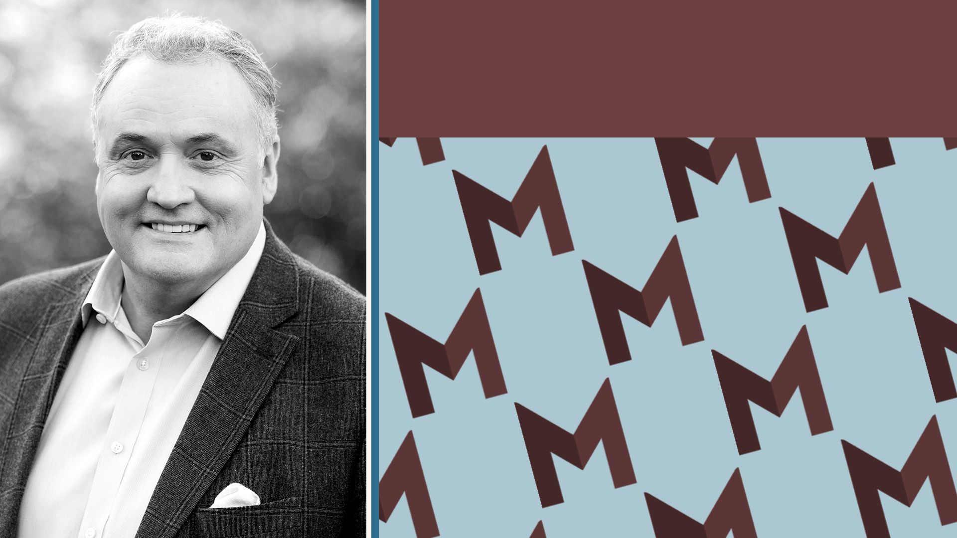 Photo illustration of Andy Pharoah next to colorful rectangles and a pattern of Mars Inc. M logos.