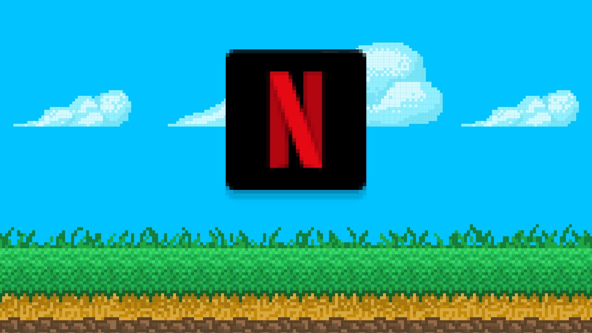 Illustration of an 8-bit video game screen with a Netflix logo.