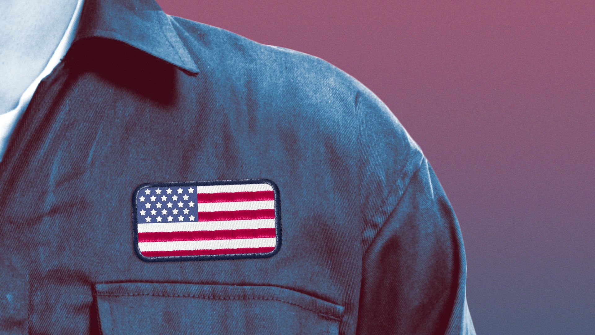 Illustration of a person wearing an embroidered patch of an American flag, like a name tag.