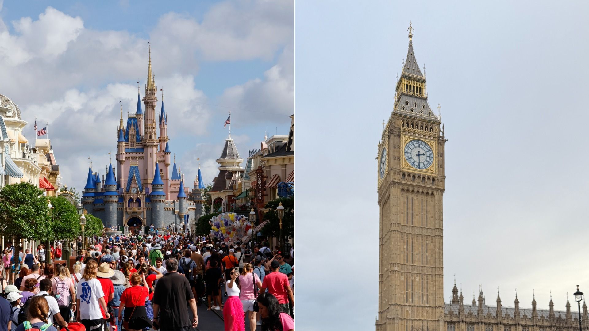 Crowded street leading to Cinderella Castle with blue spires at Disney, and Big Ben clock tower in London with cloudy sky background.