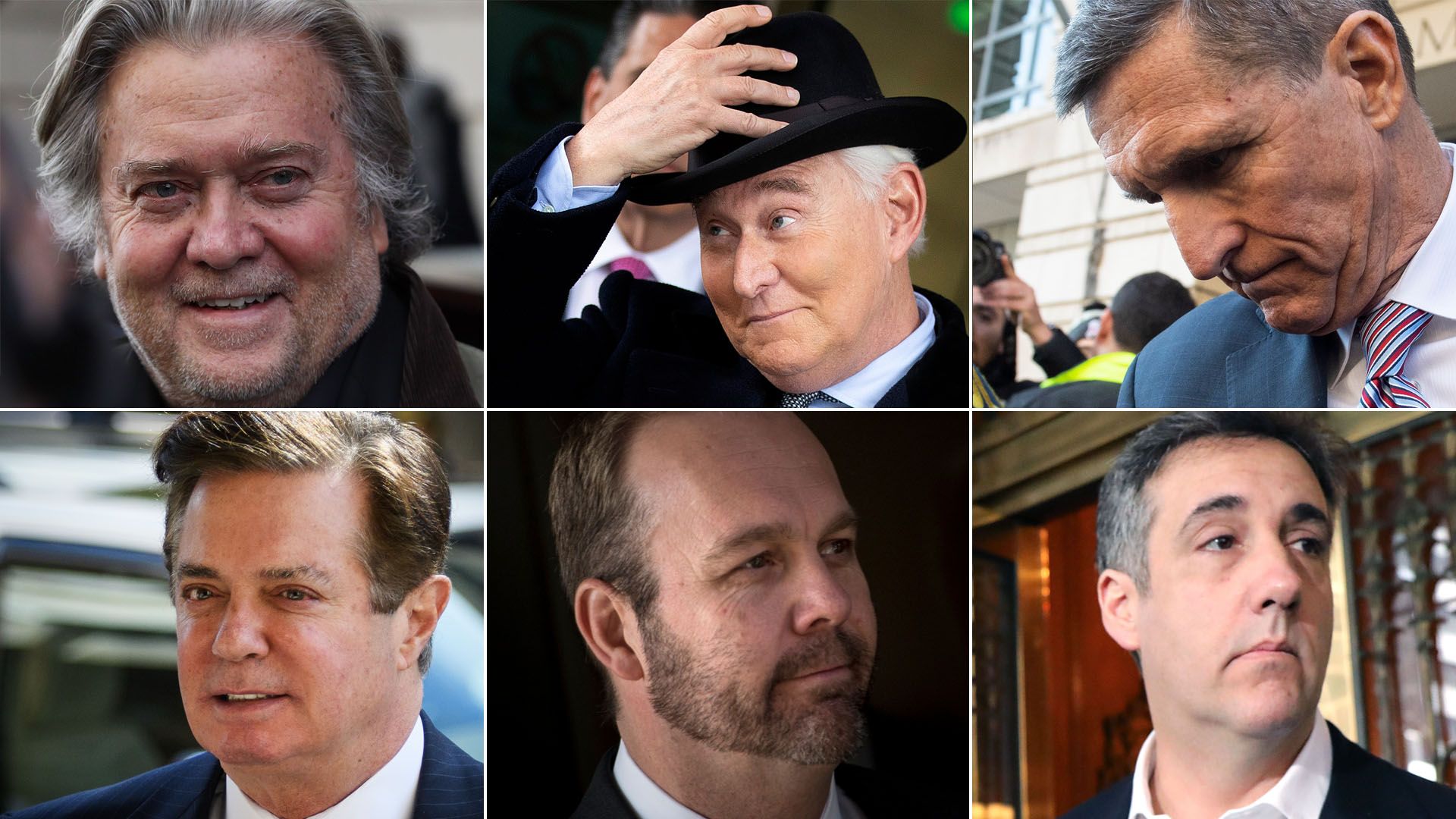 Photos of former senior 2016 Trump campaign figures Steve Bannon, Roger Stone, Michael Flynn, Paul Manaafort, Rick Gates, and Michael Cohen