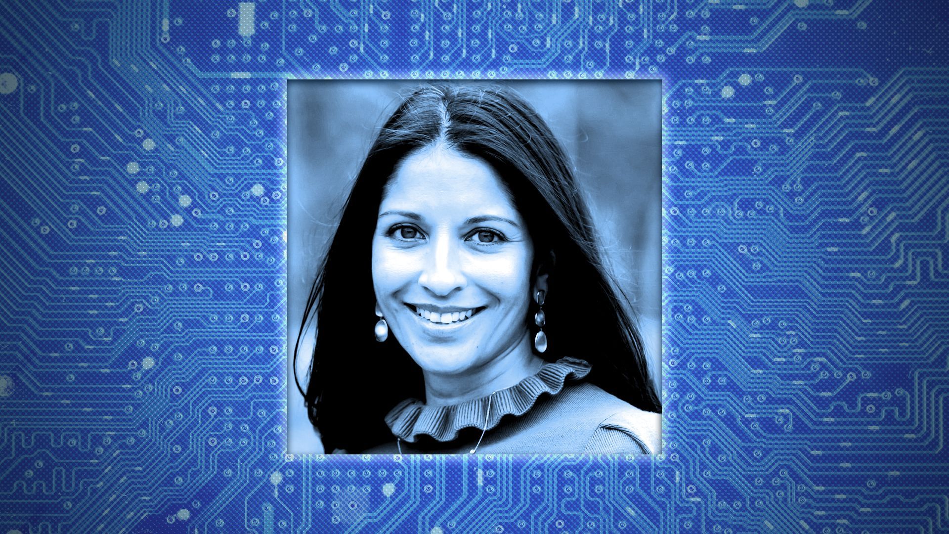 Photo illustration of Lisa Shah surrounded by circuit board like imagery 