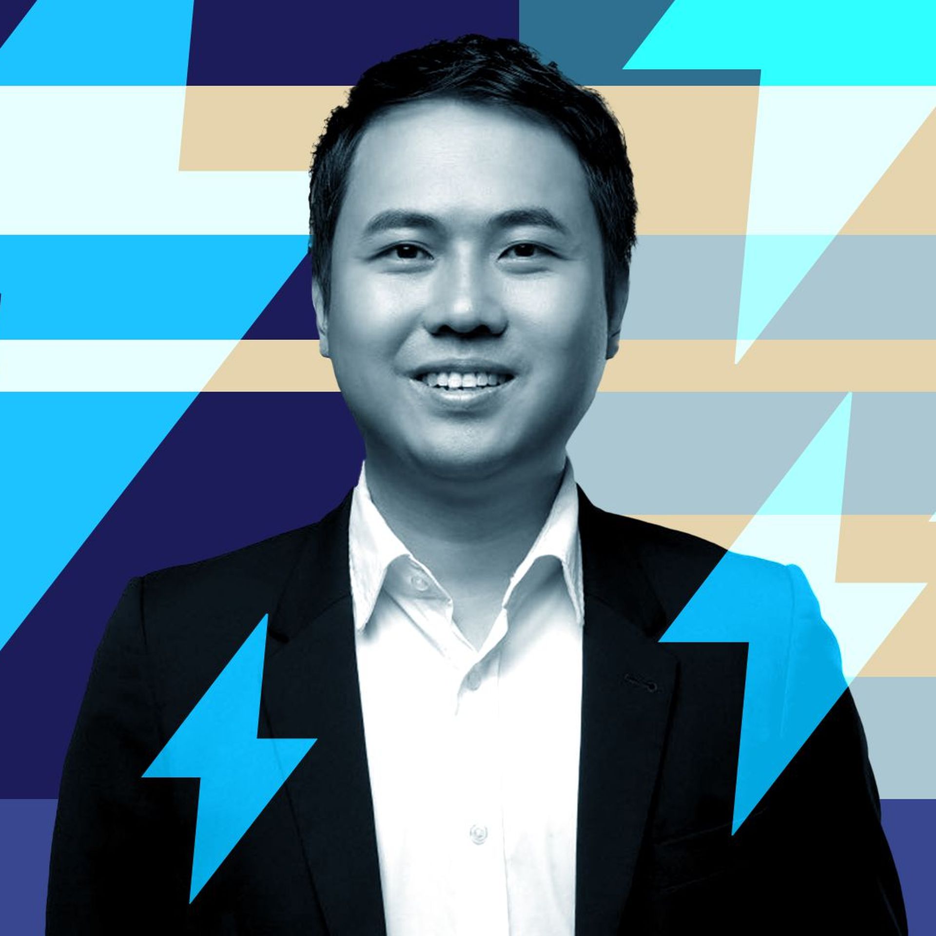Photo illustration of Steven Yang with abstract shapes and Anker's lightning bolt logo.