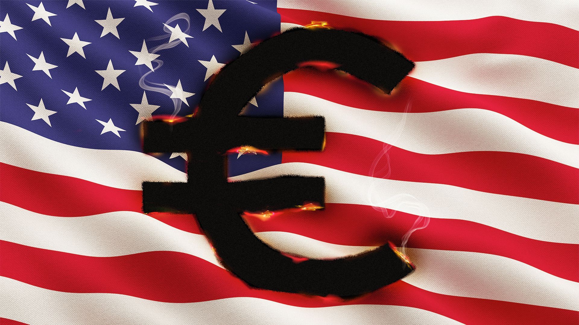Illustration of an American Flag with a Euro symbol hole burning through it.
