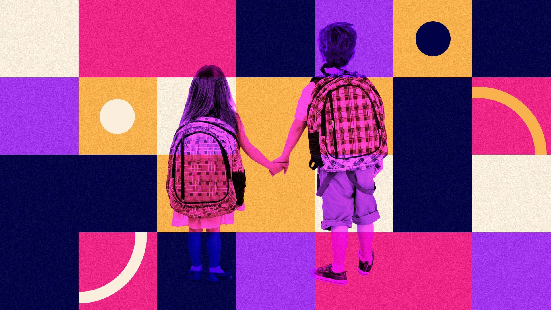 Illustration of children facing away with backpacks holding hands with a grid background and circles