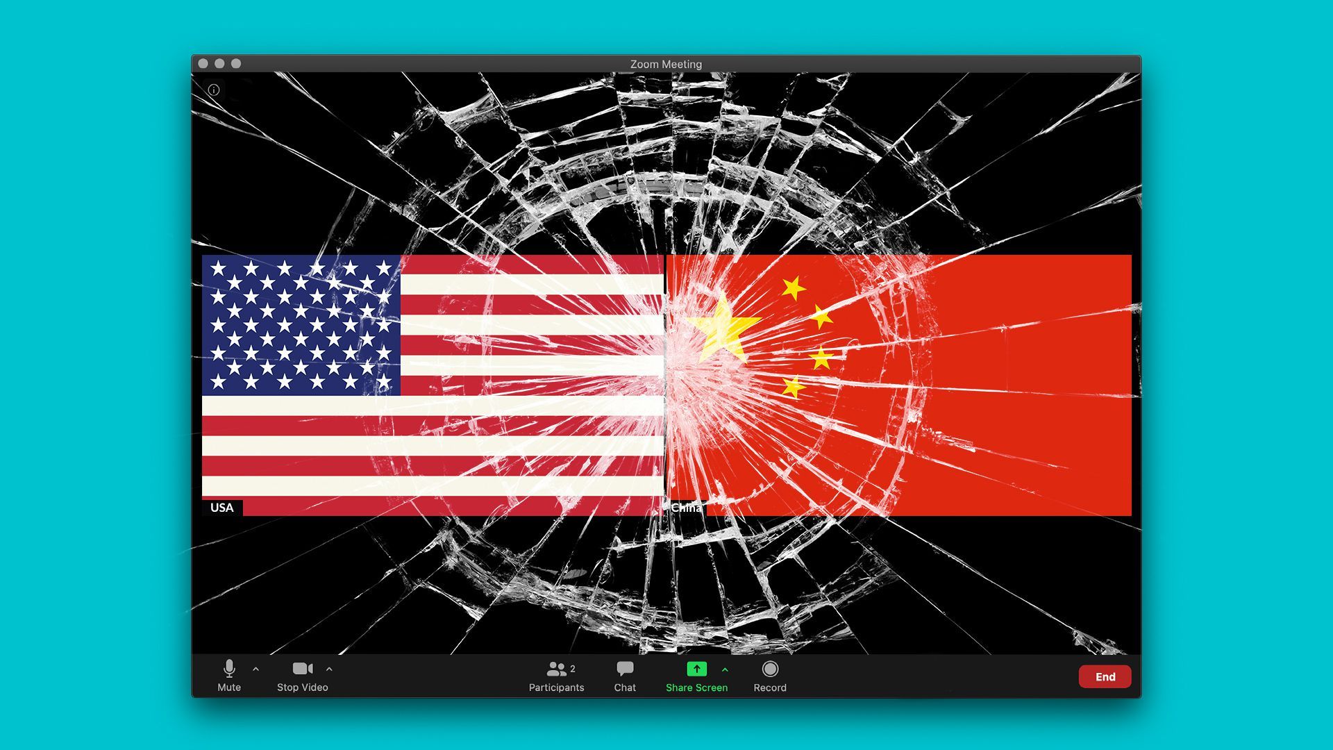 Illustration of a Zoom call between the USA and China. The screen is cracked. 
