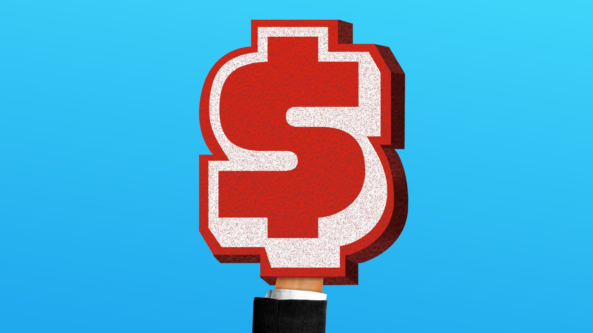 Illustration of a hand in a foam hand that's shaped like a dollar sign. 