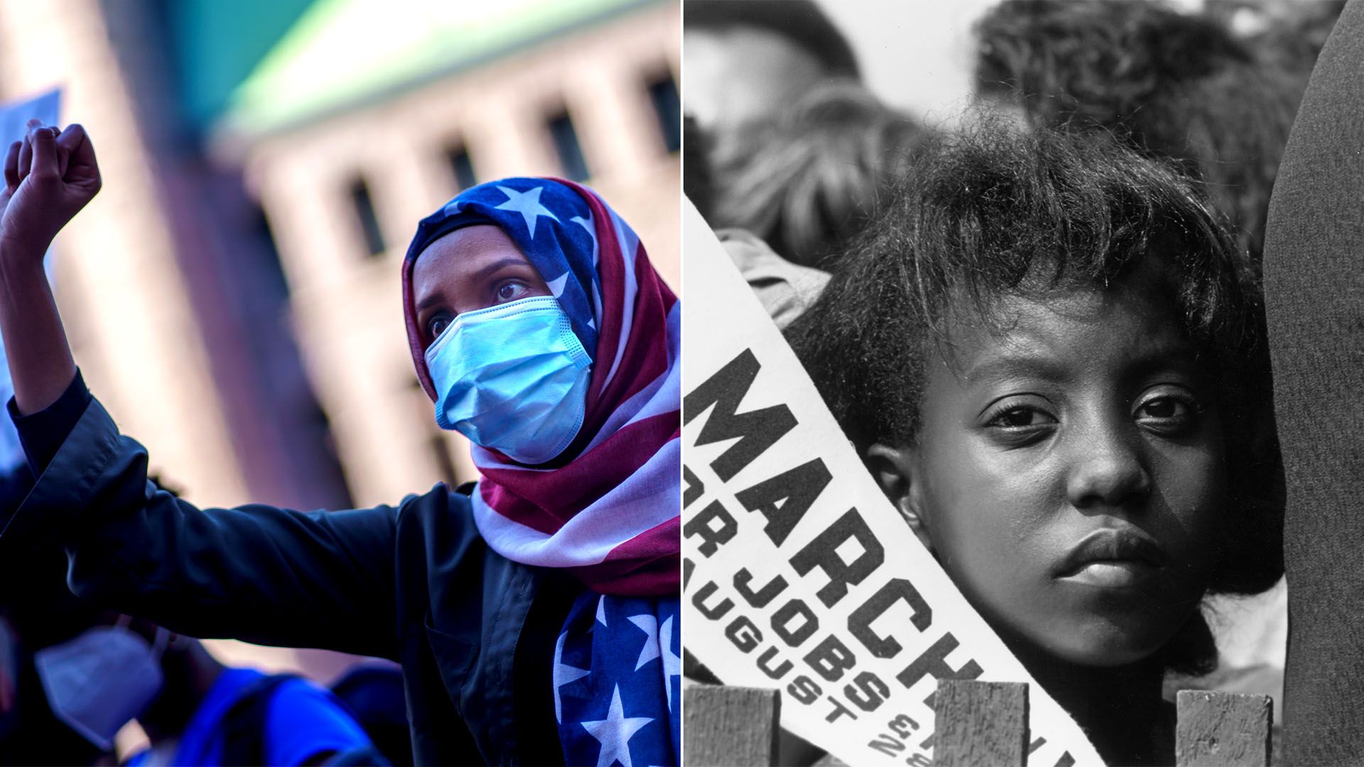 Two images show one woman wearing an American flag hijab and a little girl, but both are protesting racial inequality