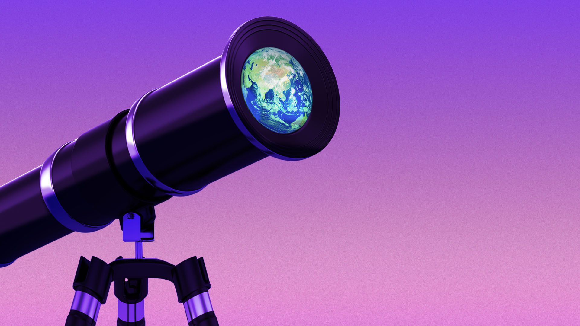 Illustration of a telescope with the earth in its lens. 