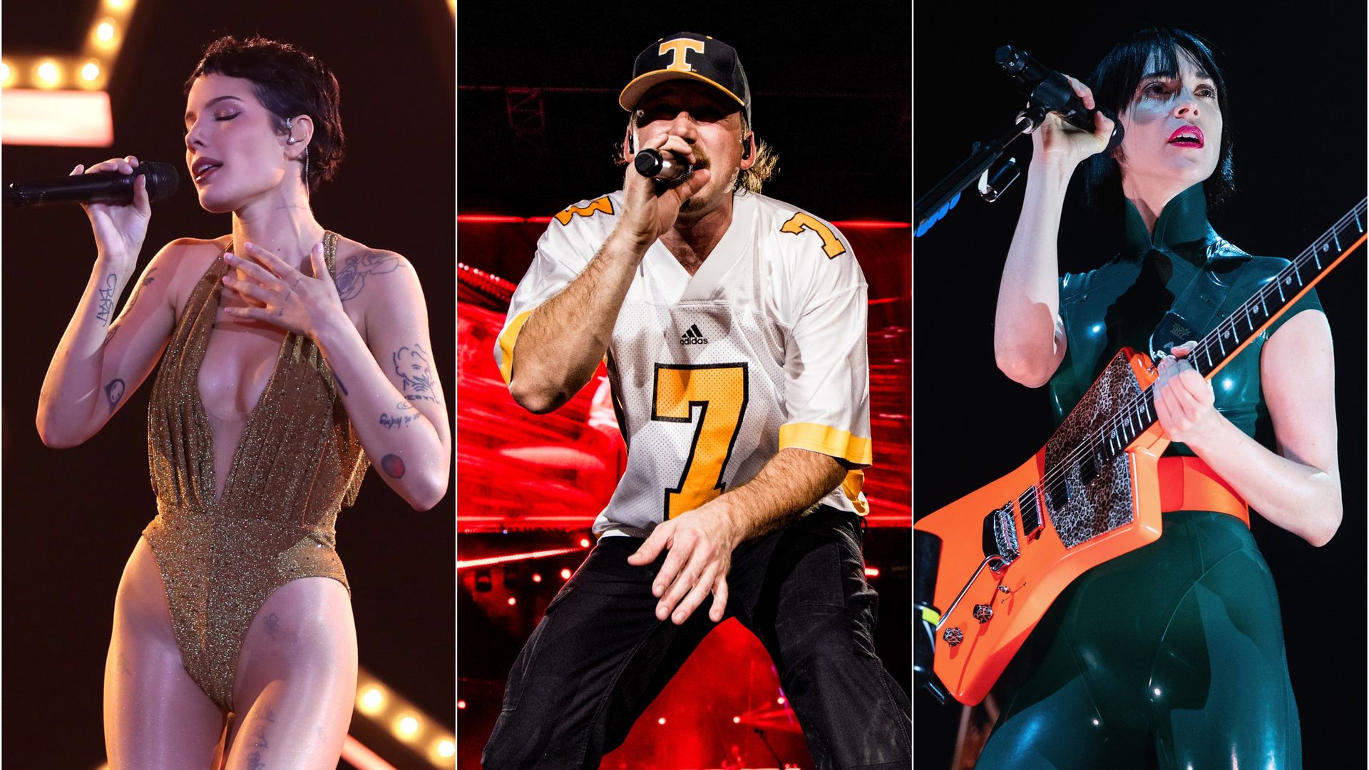 A collage featuring Halsey, Morgan Wallen, St. Vincent.