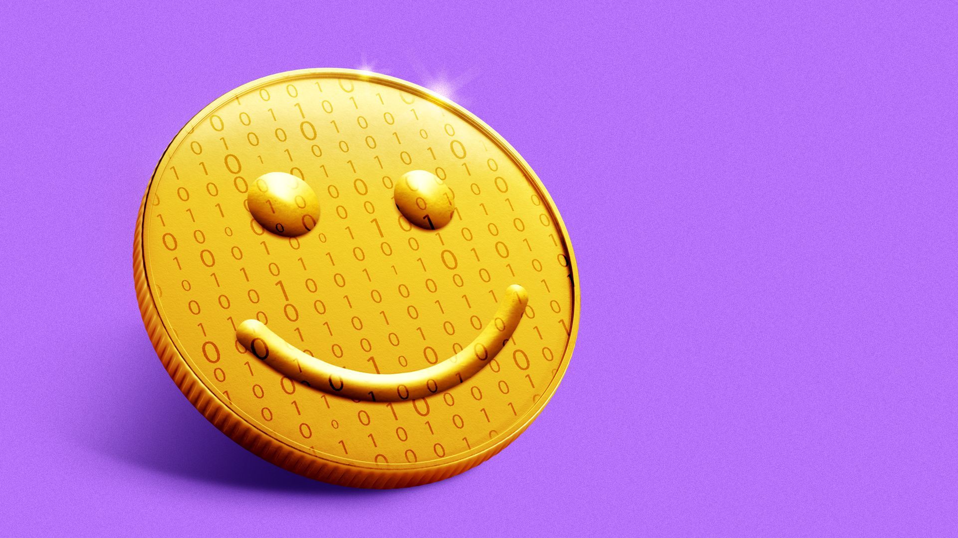 Illustration of a smiley face gold coin with binary code overlay 