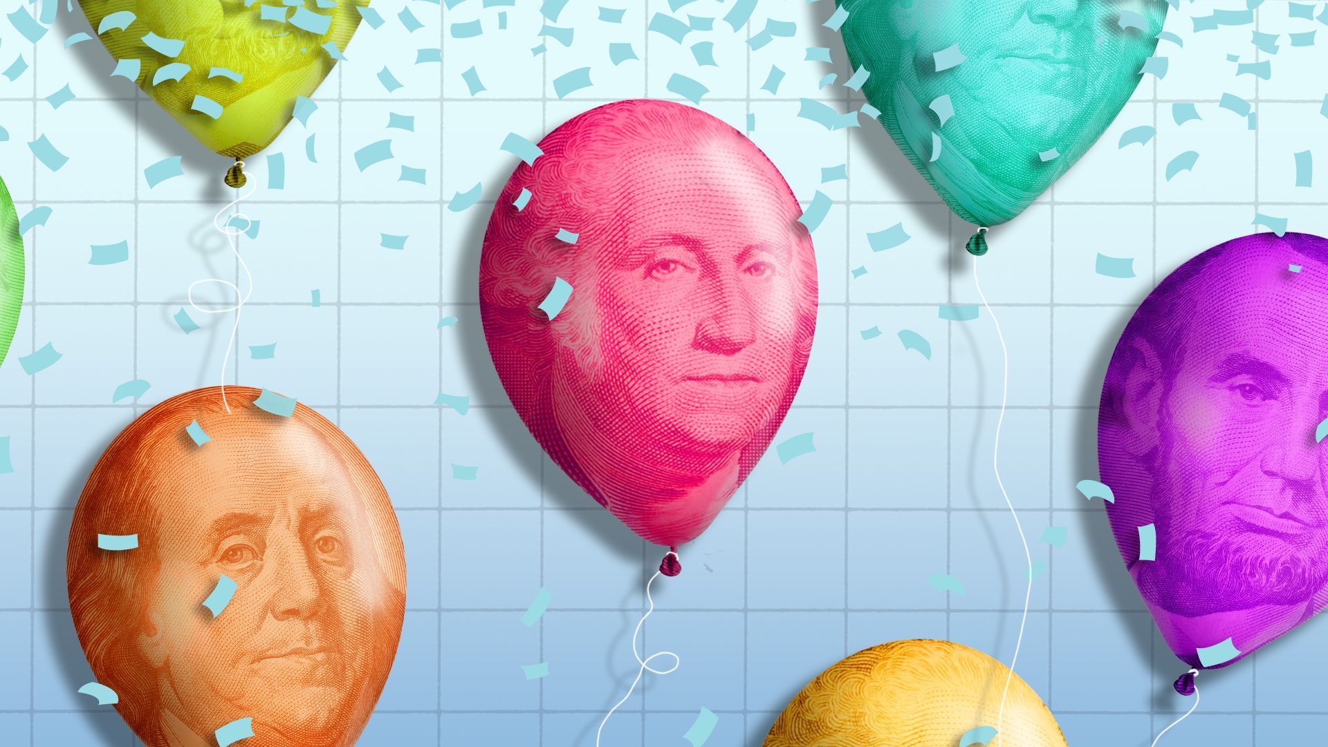 Illustration of party balloons made out of dollar bills.
