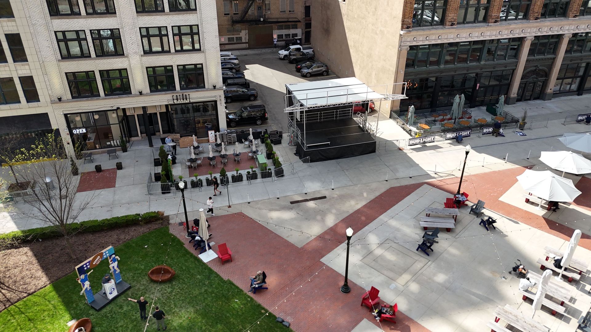 Birds-eye view of downtown's Capitol Park ahead of NFL Draft festivities.