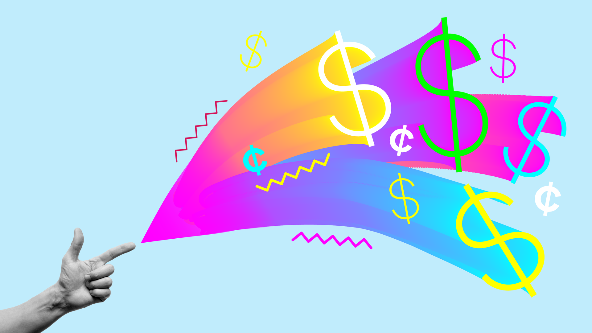 Graphic of money and rainbows being shot out of pointer finger.