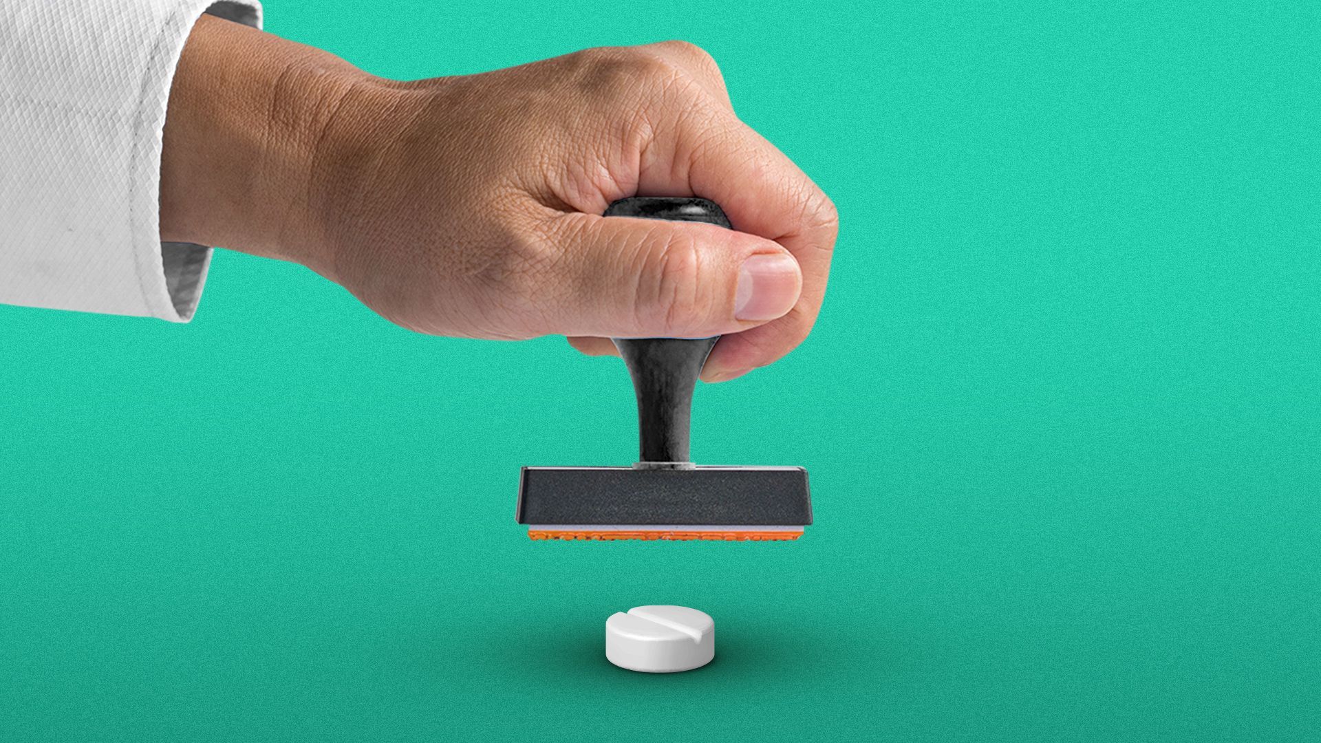Illustration of a hand holding an approval stamp hovering over a pill. 