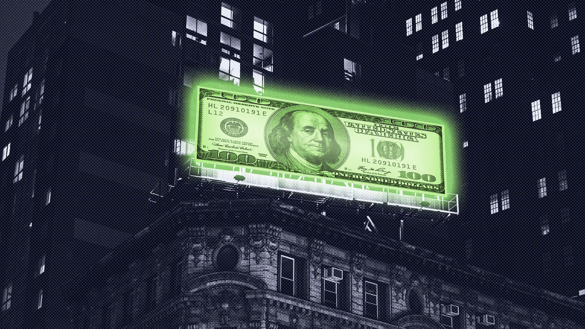 an illustration of a glowing green billboard with a 100 dollar bill  on it