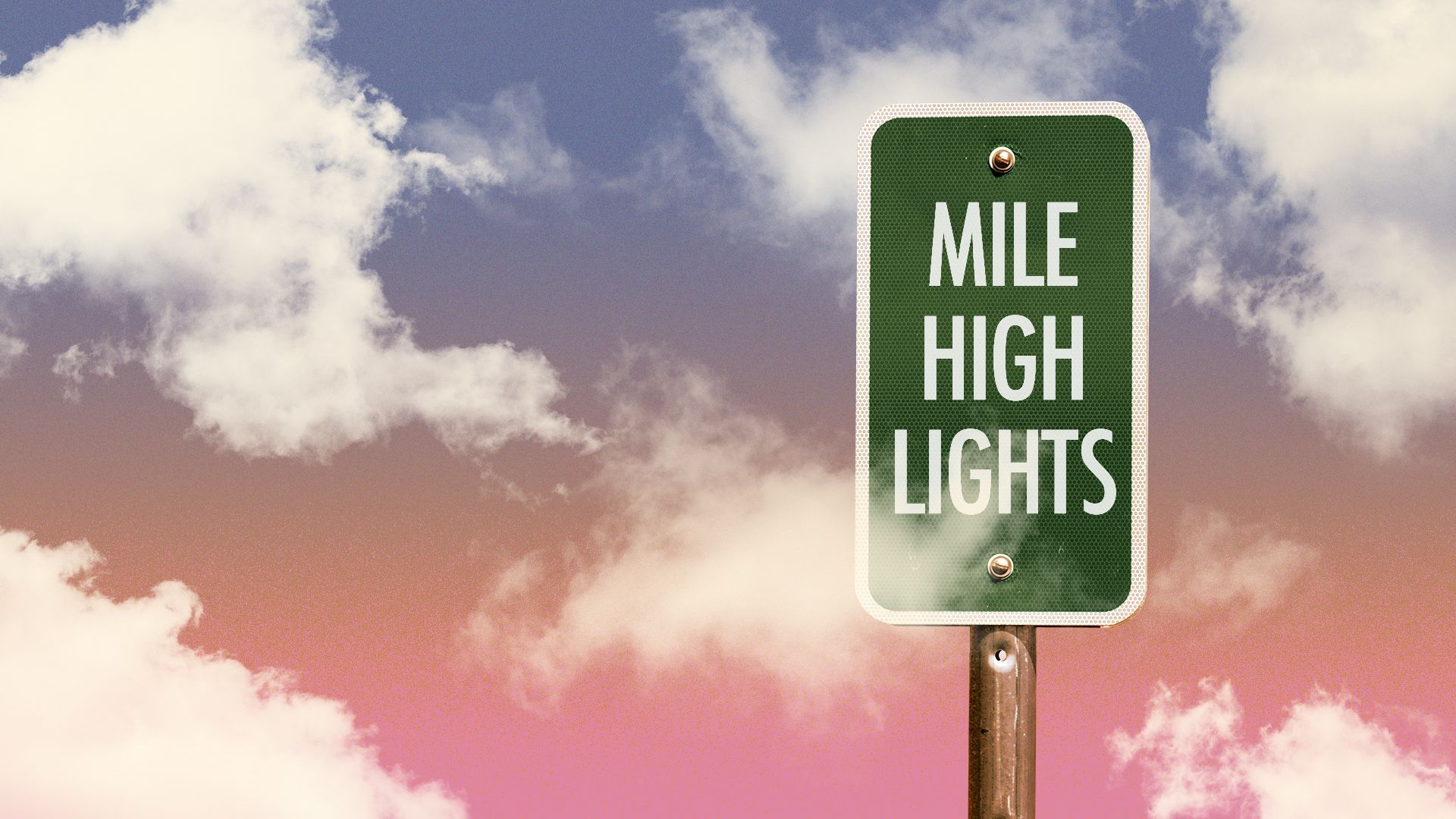 Illustration of a street sign that says "Mile Highlights" surrounded by clouds in the sky.