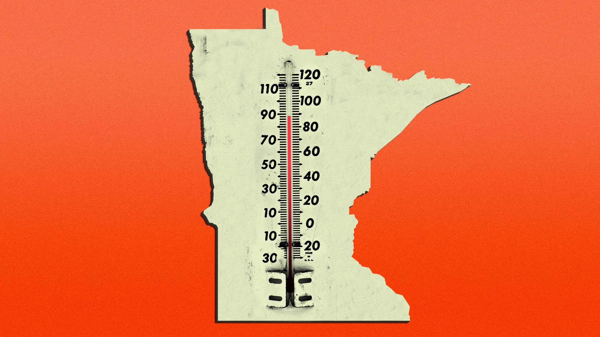 Illustration of a thermometer in the shape of Minnesota registering 90 degrees.