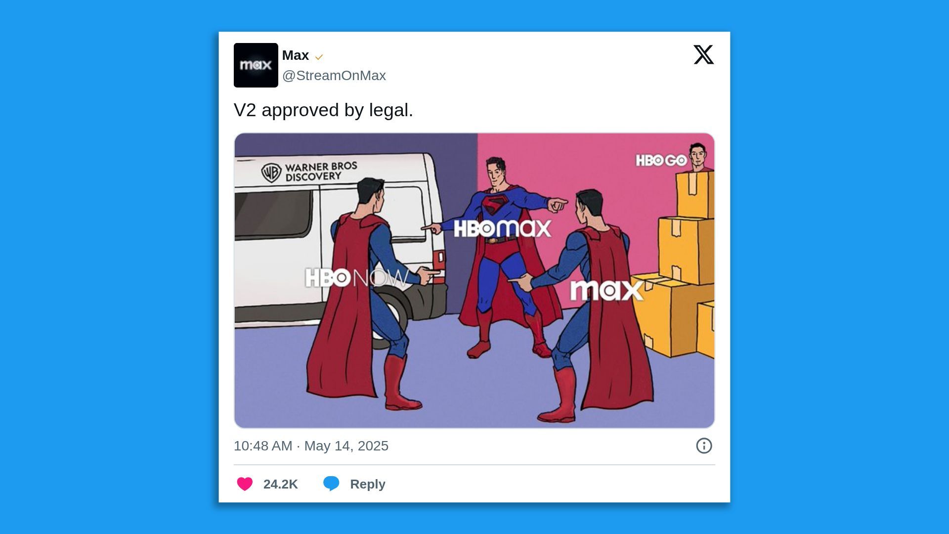 A screenshot of a tweet from HBO's Max social media account poking fun at its own rebrand.
