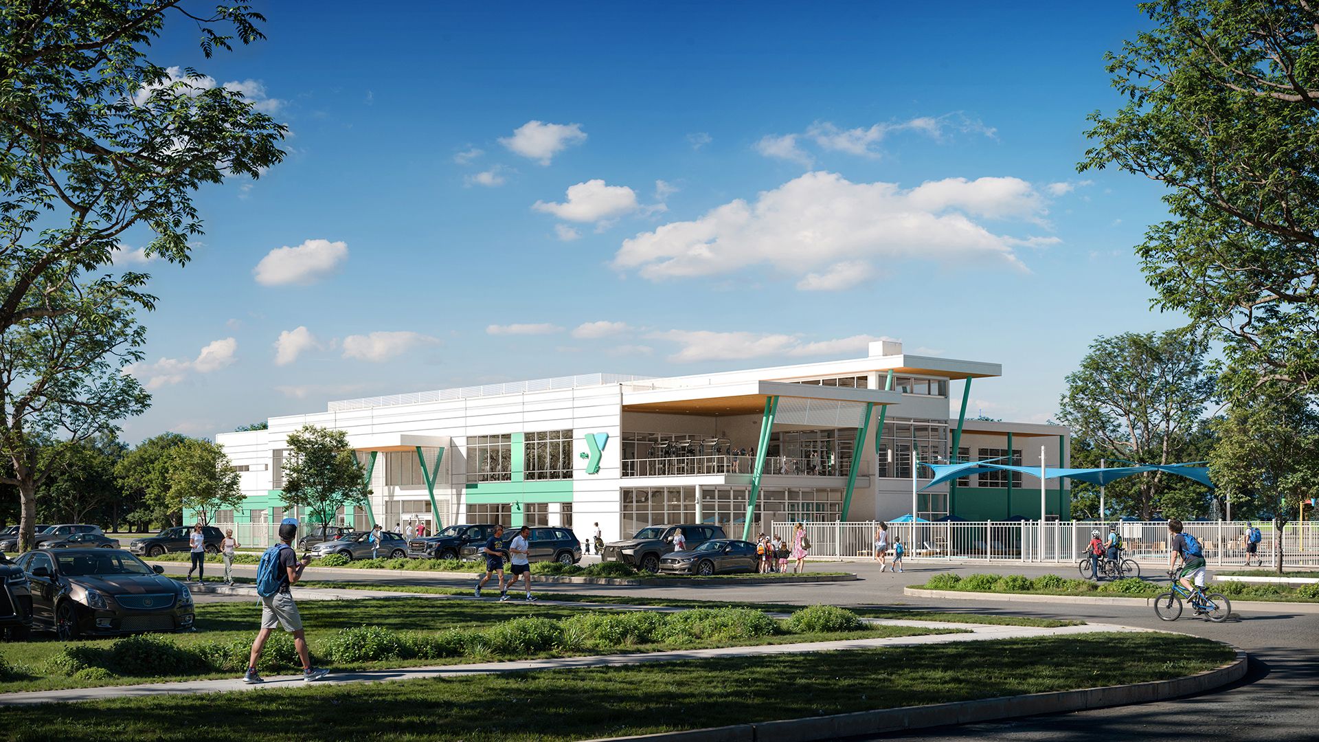 A rendering of a modern white building with a green "Y" on the front.