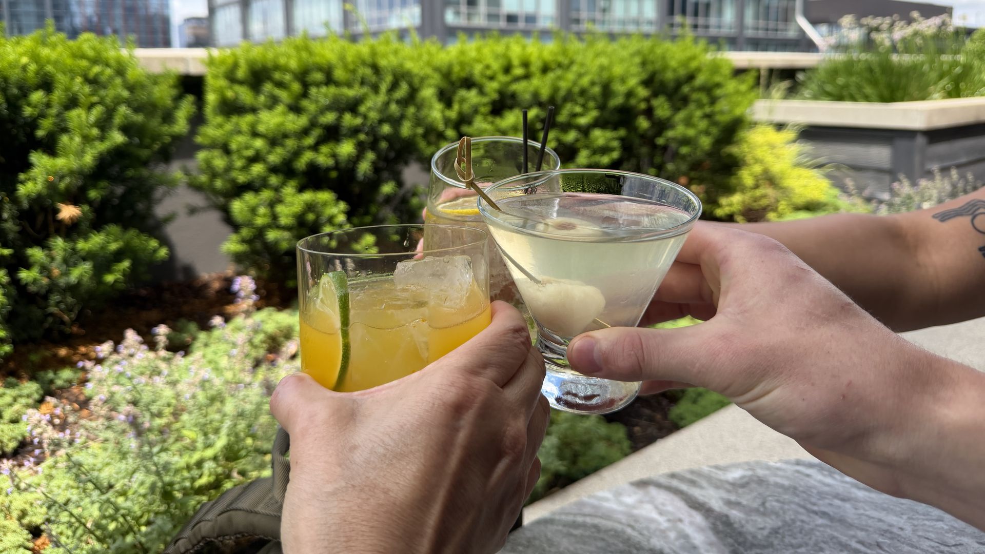 Two people toast outdoors on a sunny rooftop, holding glasses with ice and citrus. The foreground shows the drinks, while green hedges and a modern glass building create a bright city backdrop.