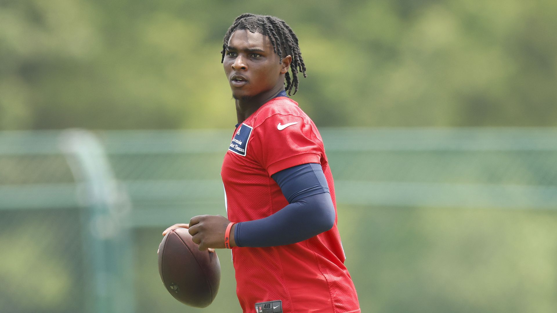 Cam Ward #1 of the Tennessee Titans drops back to pass during Day 2 of Titans Mandatory Minicamp at Ascension Saint Thomas Sports Park on June 11, 2025 in Nashville, Tennessee. 