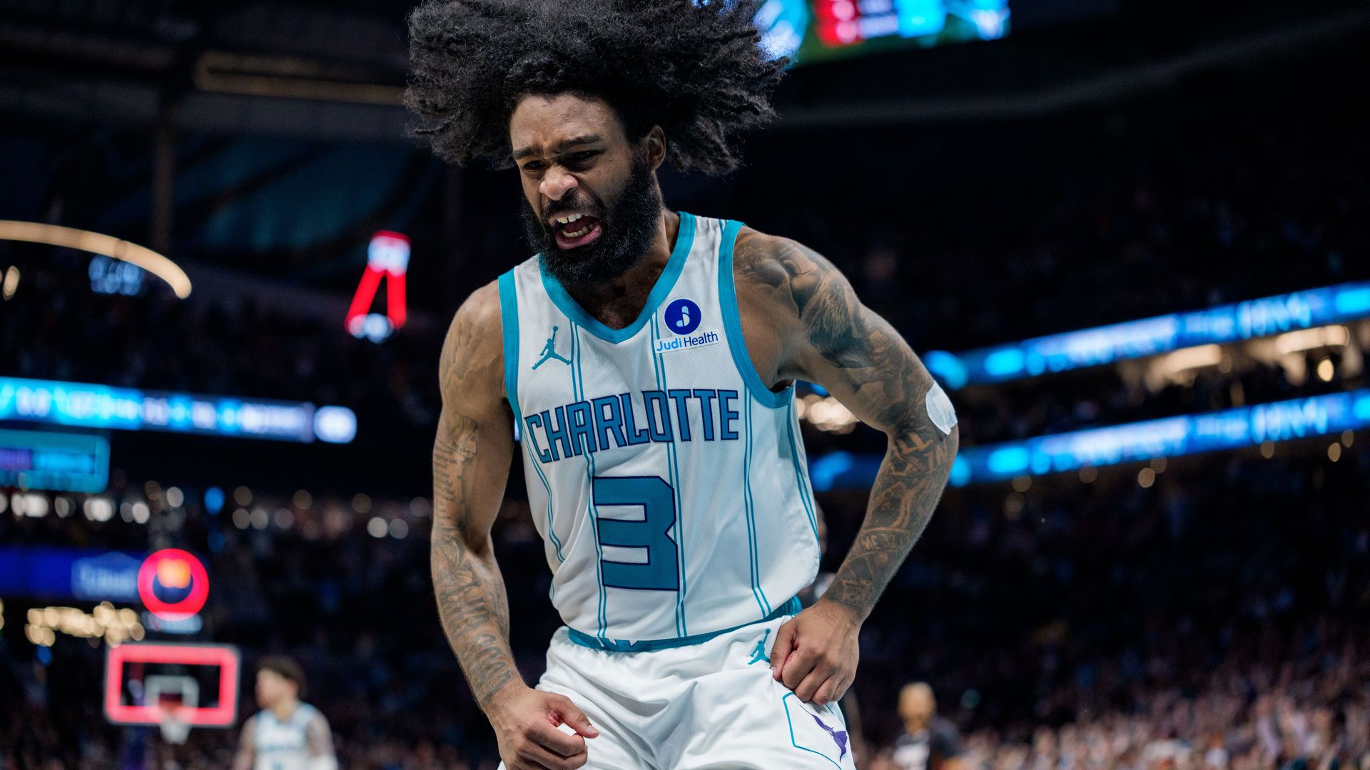 Coby White #3 of the Charlotte Hornets reacts against the Miami Heat during their game at Spectrum Center on April 14, 2026 in Charlotte, North Carolina.