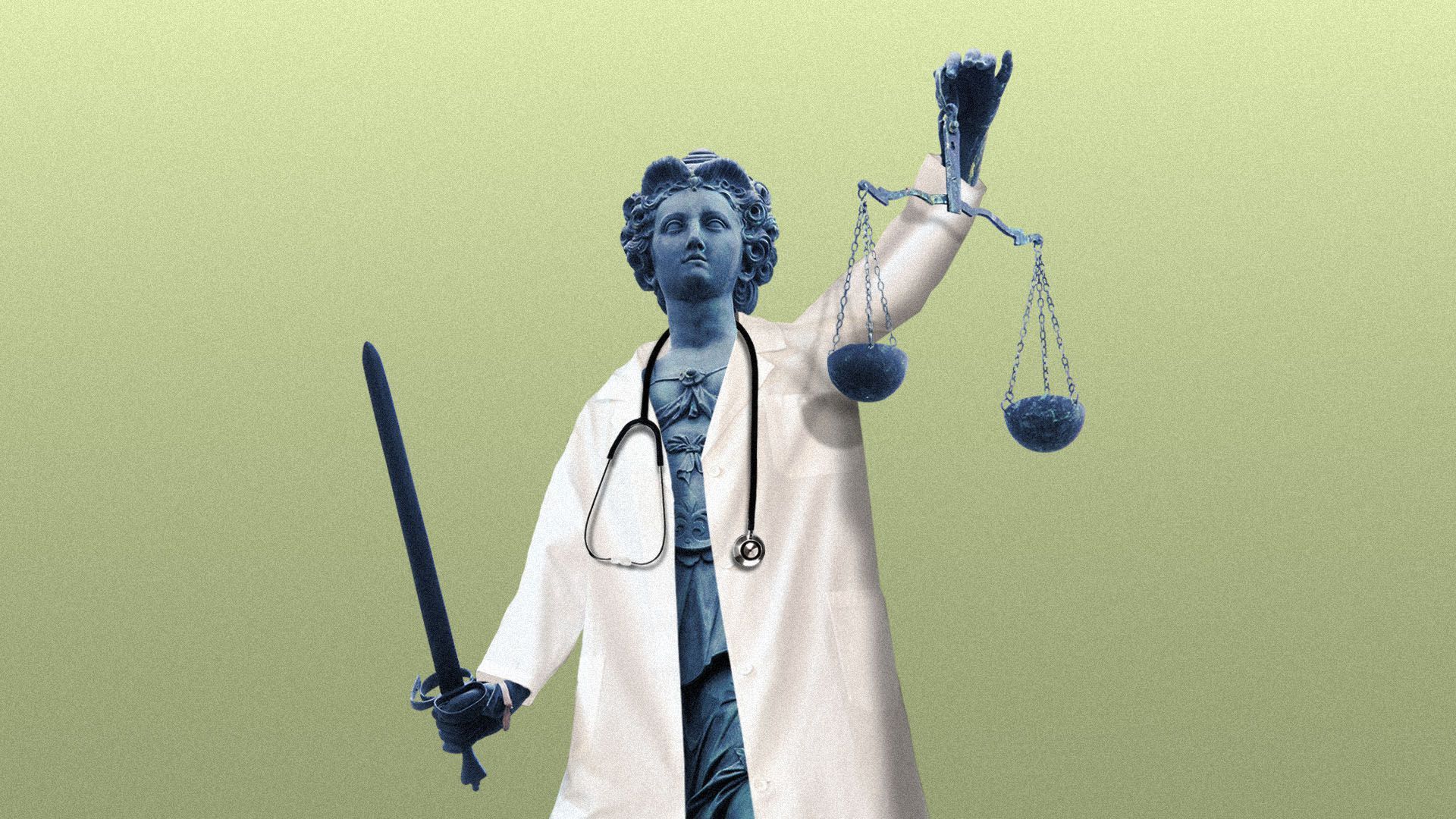 Illustration of Greek statue wearing a medical coat and stethoscope 