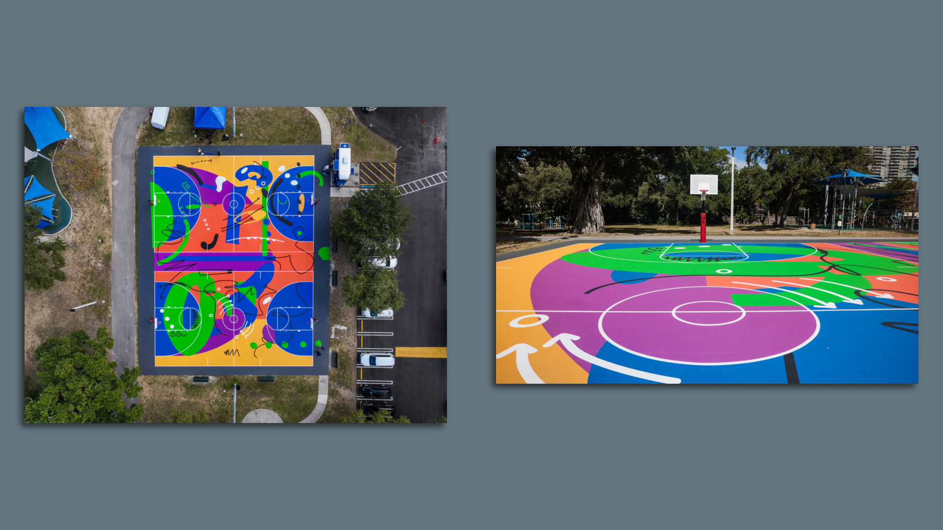 A public art installation on a basketball court. 