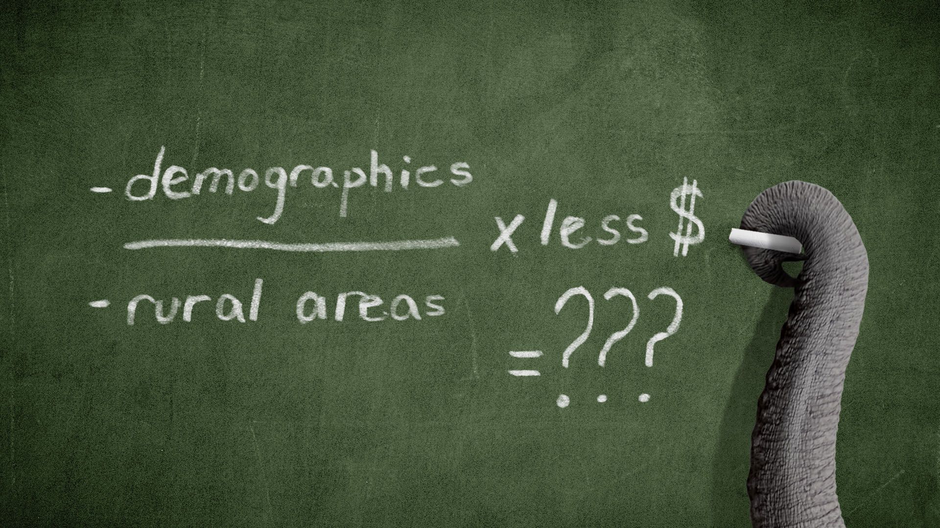Illustration of an elephant trunk writing a math equation on chalkboard